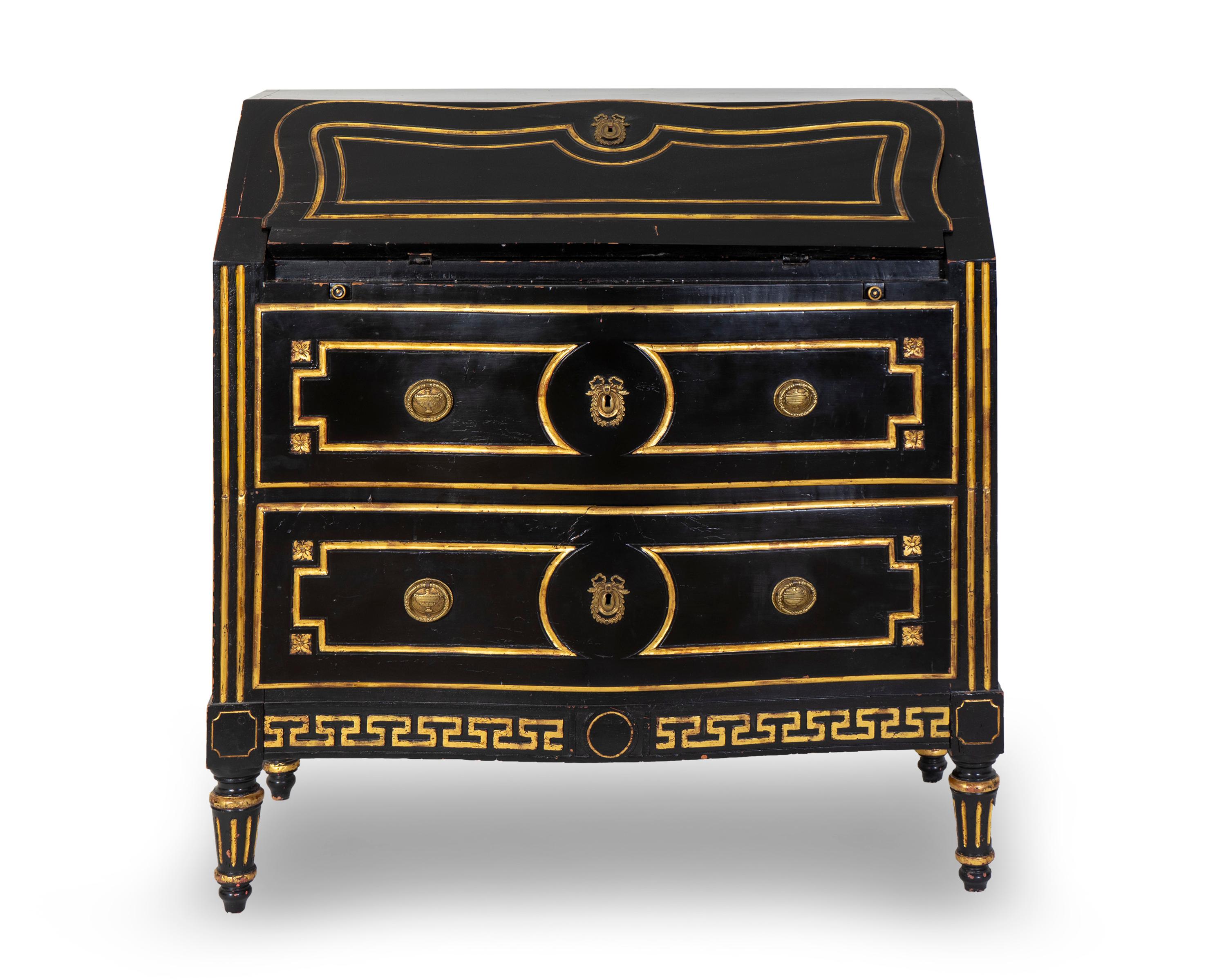 A Hollywood Regency Style Black and Gilt Painted Slant Front Desk — 20TH CENTURY