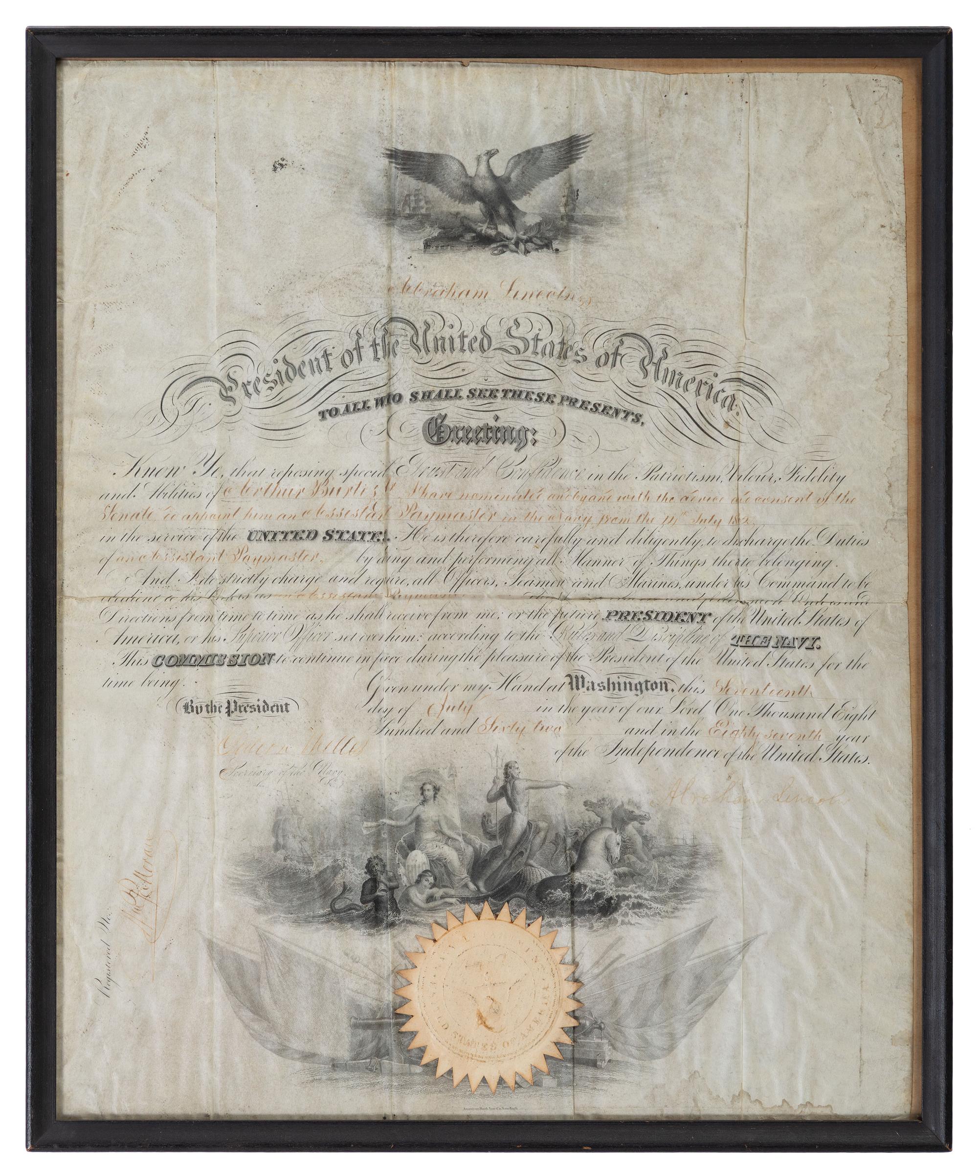 [CIVIL WAR]. LINCOLN, Abraham (1809-1865). Naval appointment signed ("Abraham Lincoln") as President. 17 July 1862. Countersigned by Gideon Welles.