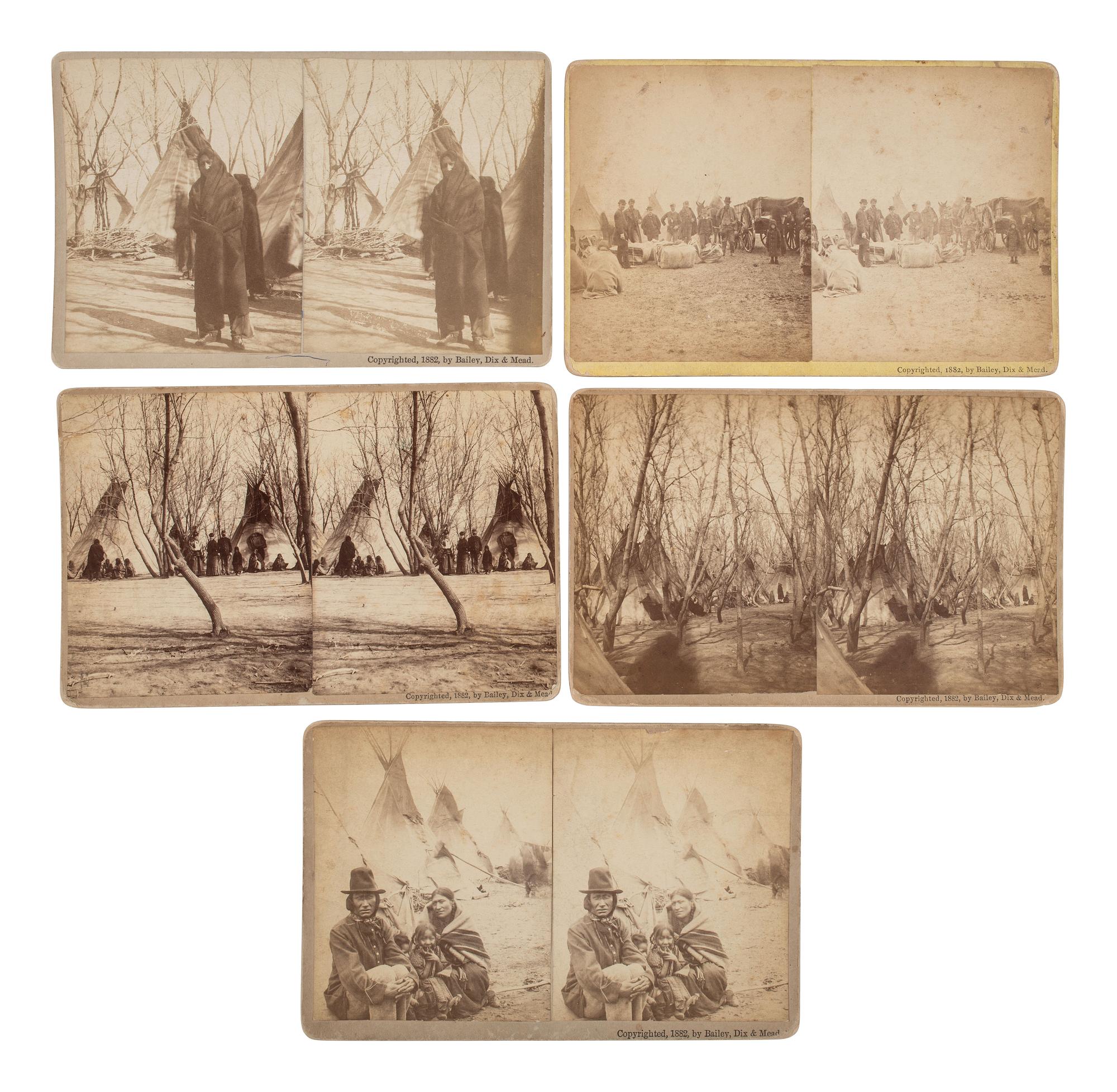 A group of 11 stereoviews documenting Sitting Bull's internment at Fort Randall, Dakota Territory. Bailey, Dix, and Mead, 1882.