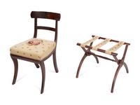A Needlepoint Upholstered Mahogany Side Chair and Luggage Rack