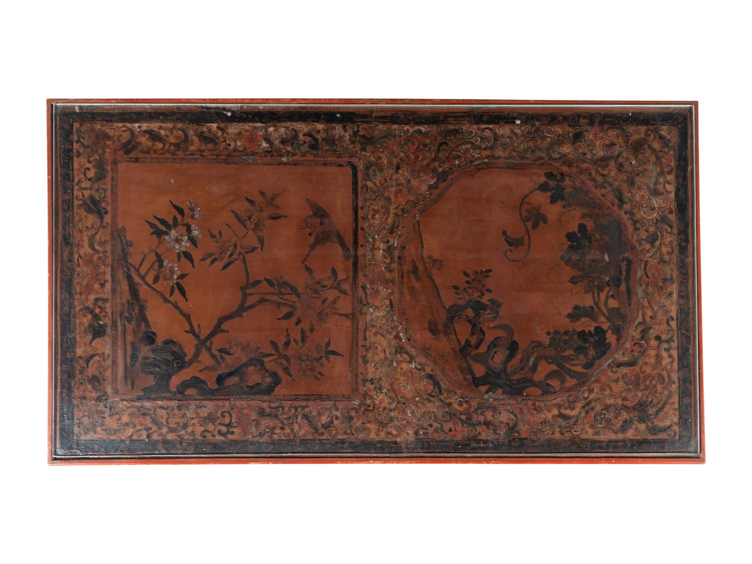 A Chinese Carved and Polychrome Painted Red Lacquered Low Table
