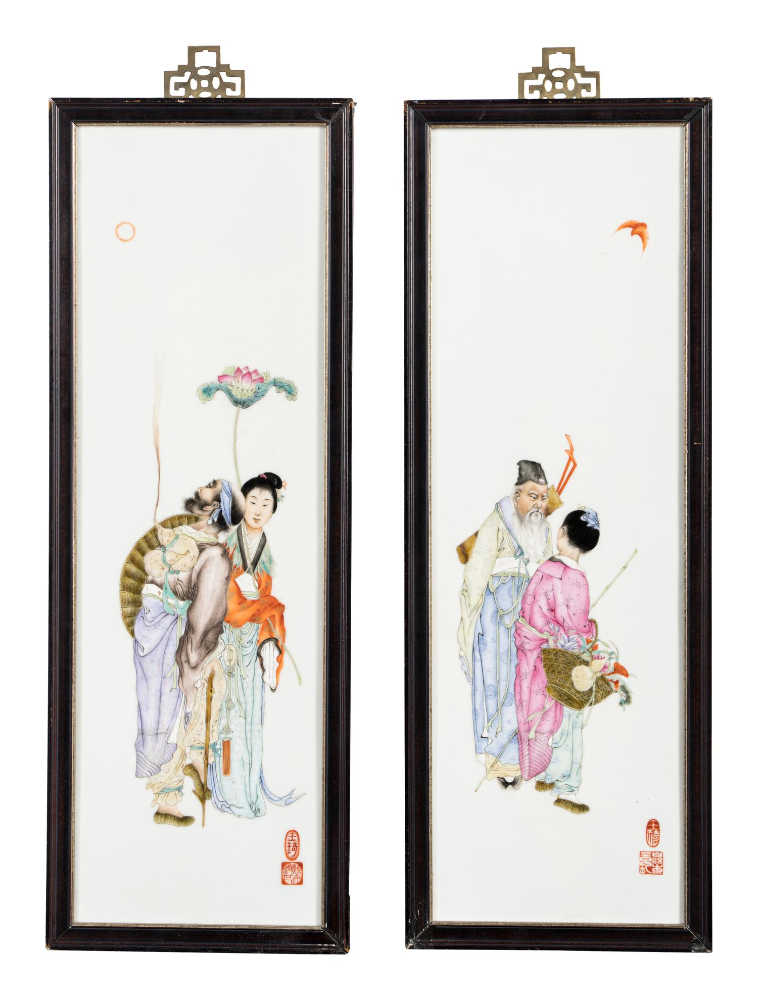 Four Porcelain Plaques Inset Hanging Panels Attributed to Wang Qi (1884-1937)