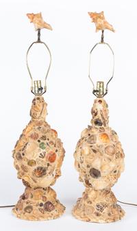 A Pair of Sea-Shell Encrusted Lamps Height 33 inches overall. — 20TH CENTURY