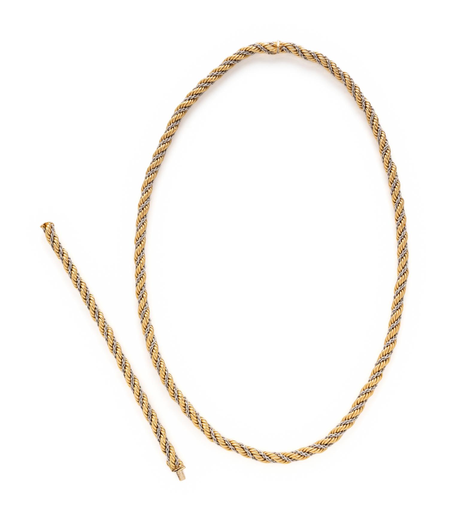 ITALIAN, BICOLOR GOLD CONVERTIBLE ROPE CHAIN NECKLACE AND BRACELET