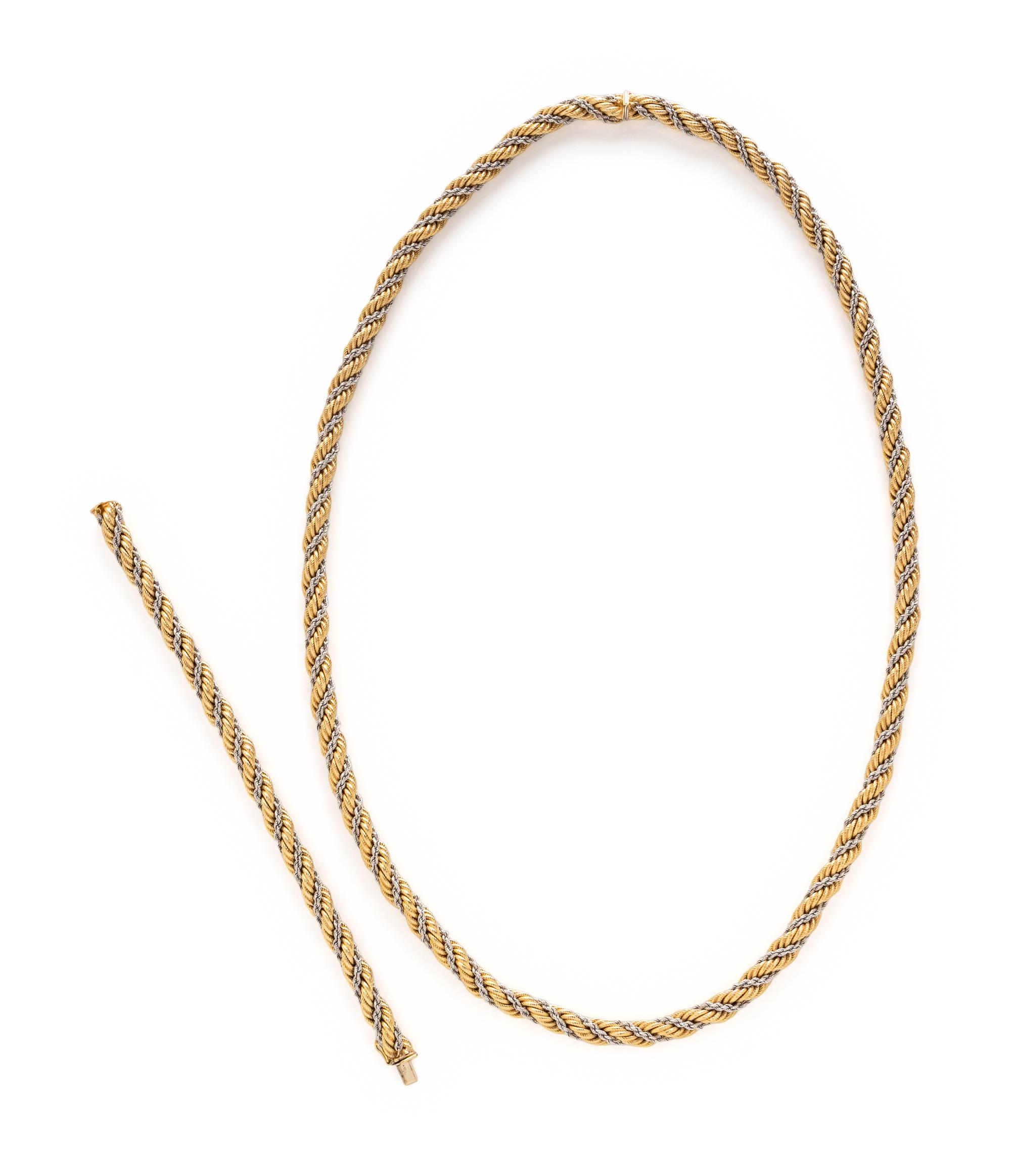 ITALIAN, BICOLOR GOLD CONVERTIBLE ROPE CHAIN NECKLACE AND BRACELET