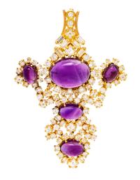 A Yellow Gold, Amethyst and Diamond Cross Pendant/Brooch, 15.55 dwts.