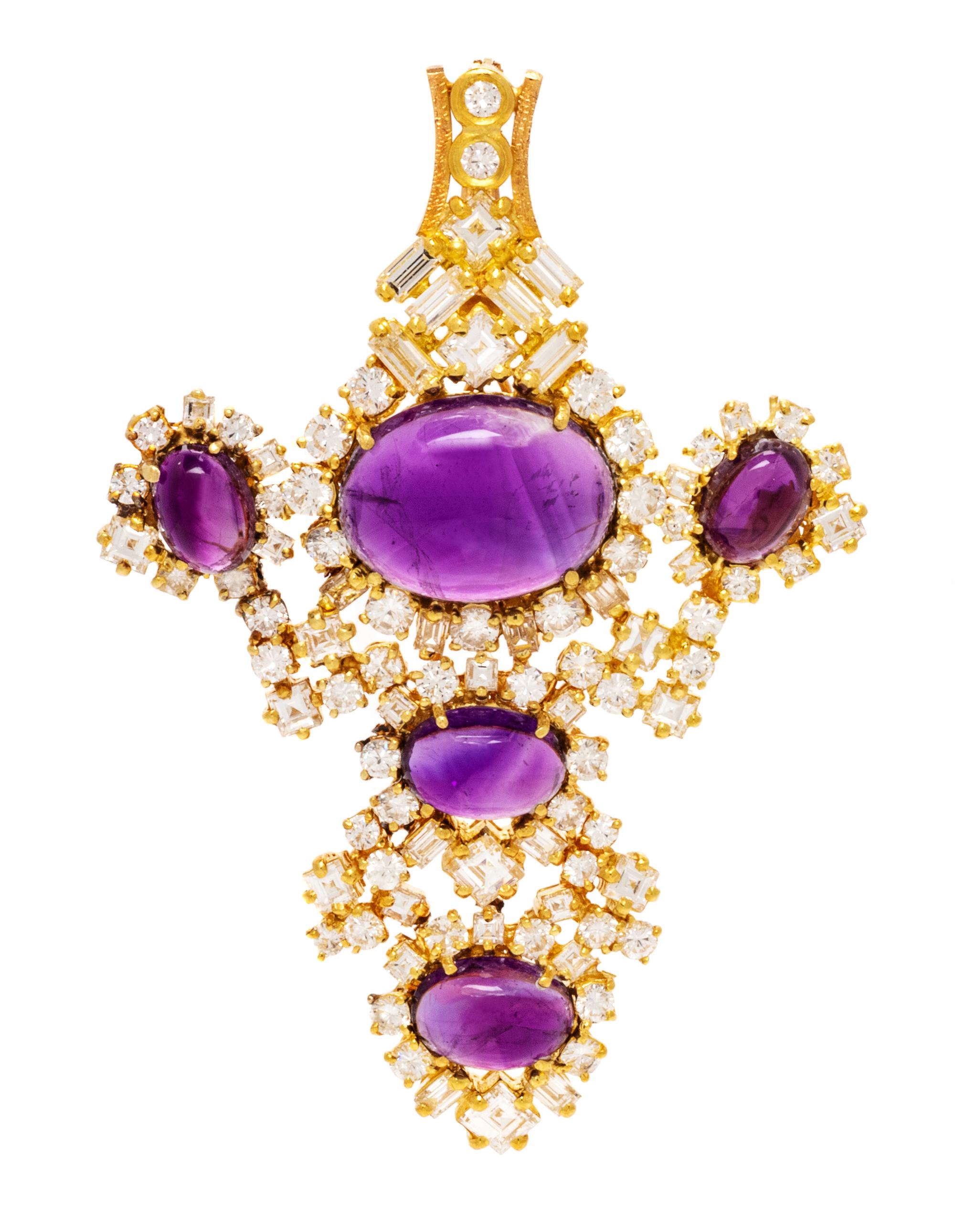 A Yellow Gold, Amethyst and Diamond Cross Pendant/Brooch, 15.55 dwts.