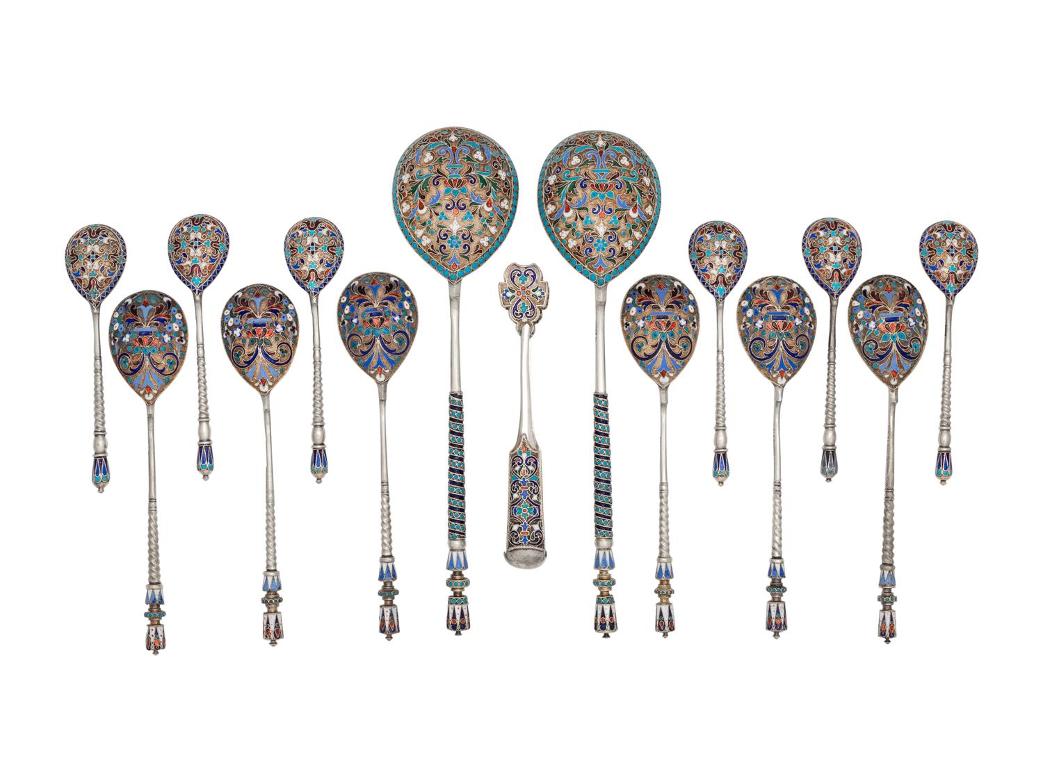 A Cased Russian Enameled Silver Spoon Set