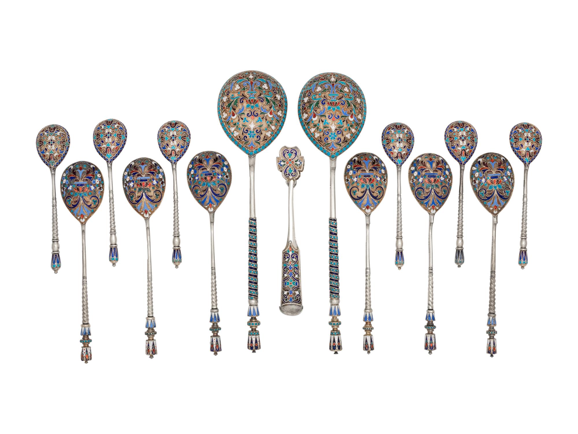 A Cased Russian Enameled Silver Spoon Set