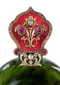 A Large Russian 14-Karat Gold, Enamel and Gemstone Mounted Spinach Jade Kovsh-Form Punch Service