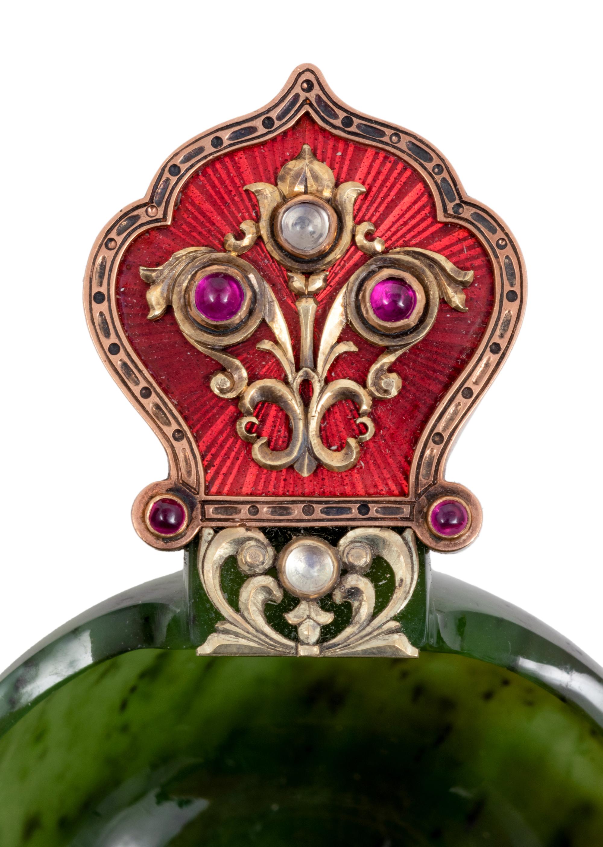 A Large Russian 14-Karat Gold, Enamel and Gemstone Mounted Spinach Jade Kovsh-Form Punch Service