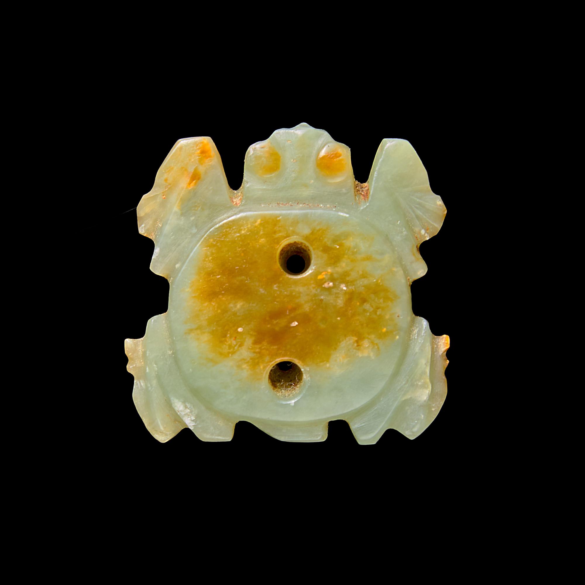 A Small Chinese Hongshan Style Celadon and Russet Jade Turtle Amulet 紅山風格 青玉龜