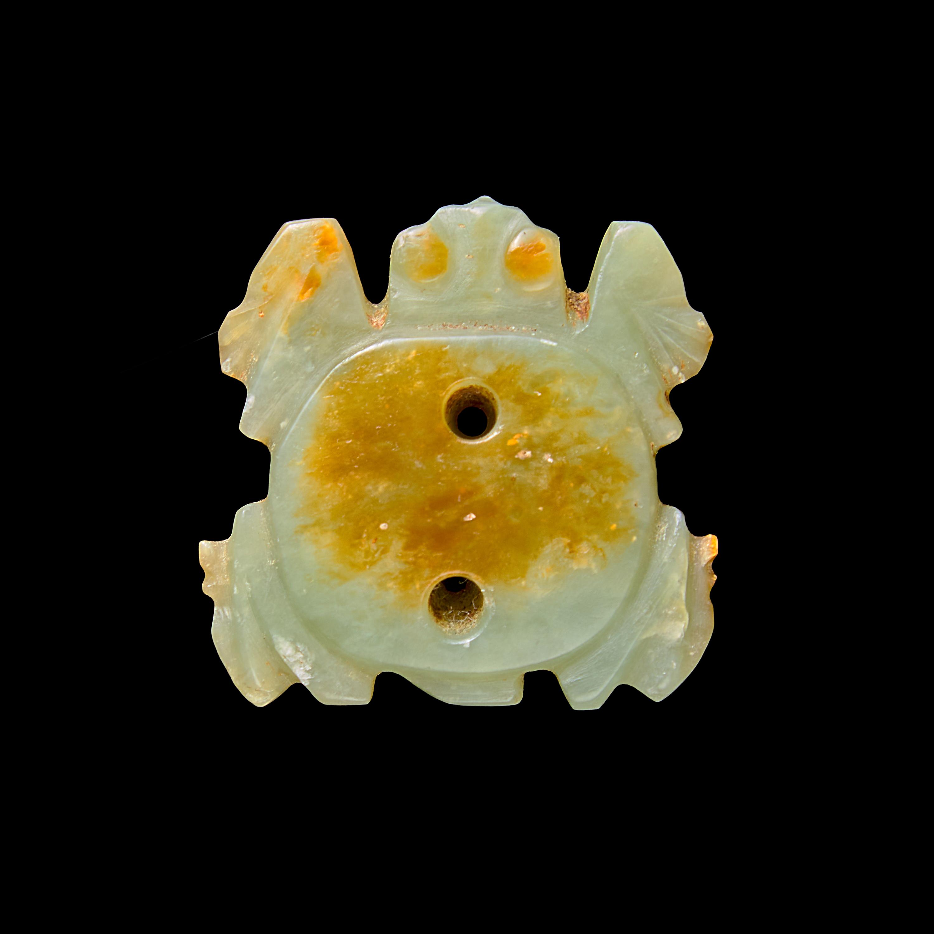 A Small Chinese Hongshan Style Celadon and Russet Jade Turtle Amulet 紅山風格 青玉龜