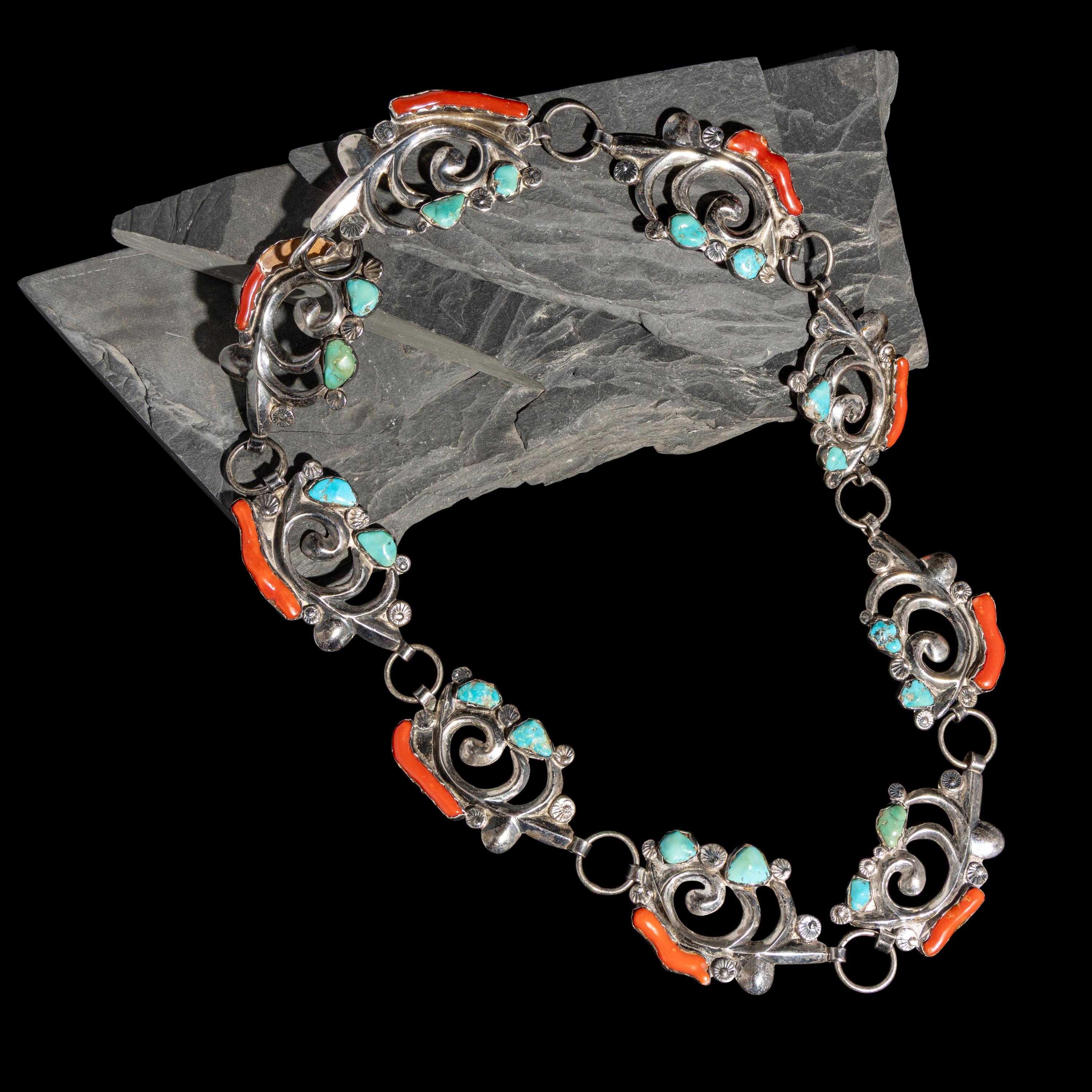 Dan Simplicio, Attributed (Zuni, 1917-1969) — Silver, Turquoise, and Coral Link Concha Belt
