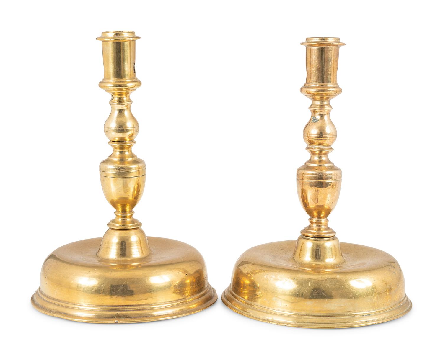 A Matched Pair of Continental Bell-Bottom Brass Candlesticks
