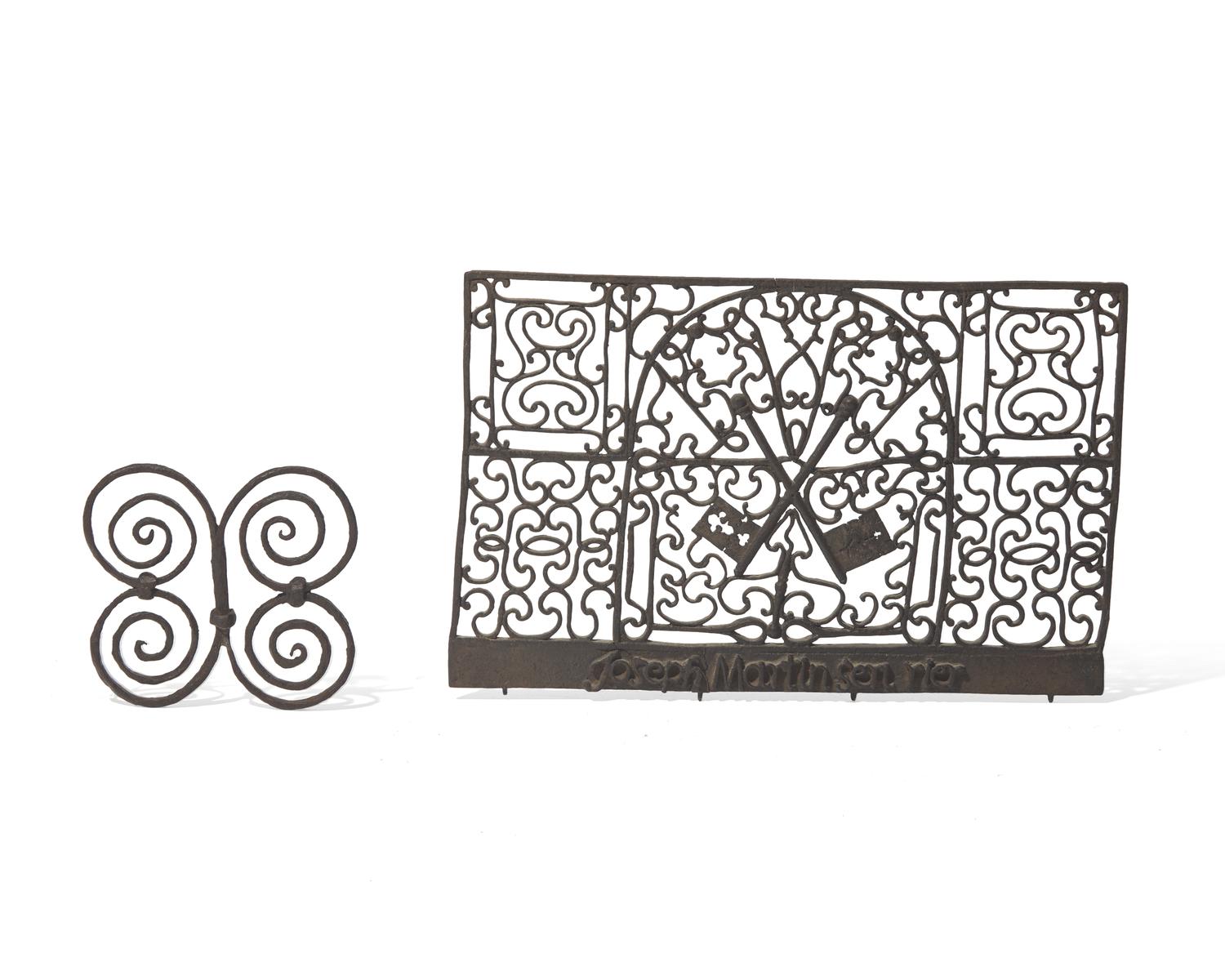 A Wrought Iron Door Grill and Scrolled Wrought Iron Architectural Element, French, 18th Century