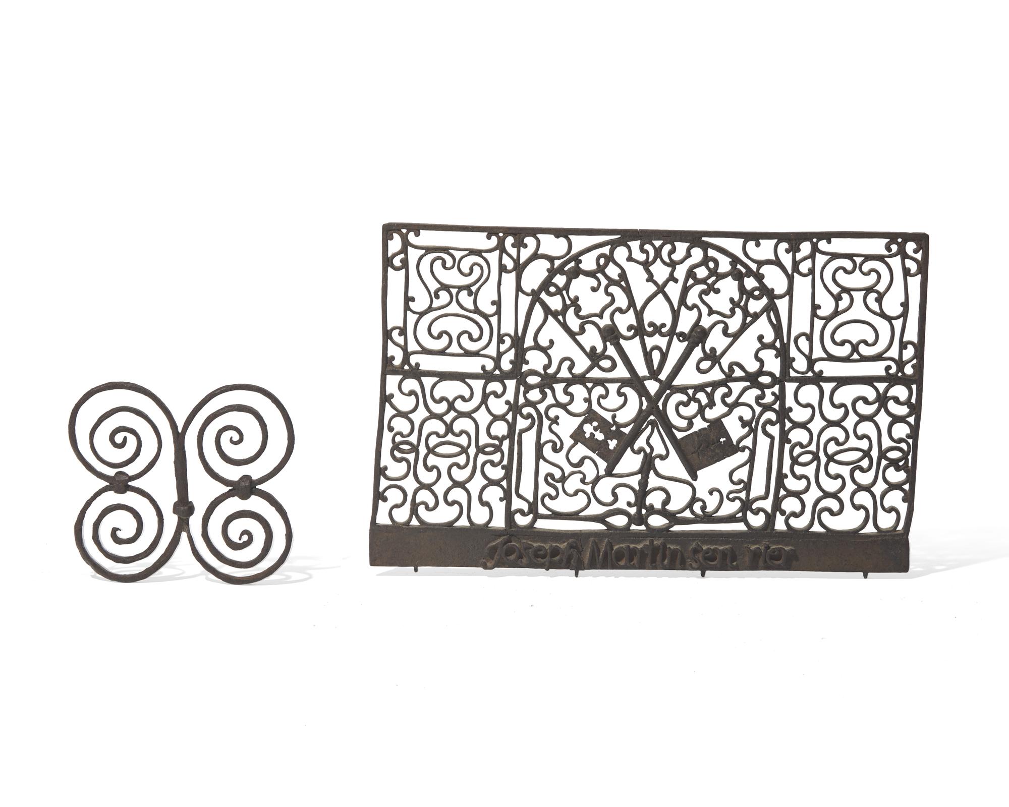 A Wrought Iron Door Grill and Scrolled Wrought Iron Architectural Element, French, 18th Century