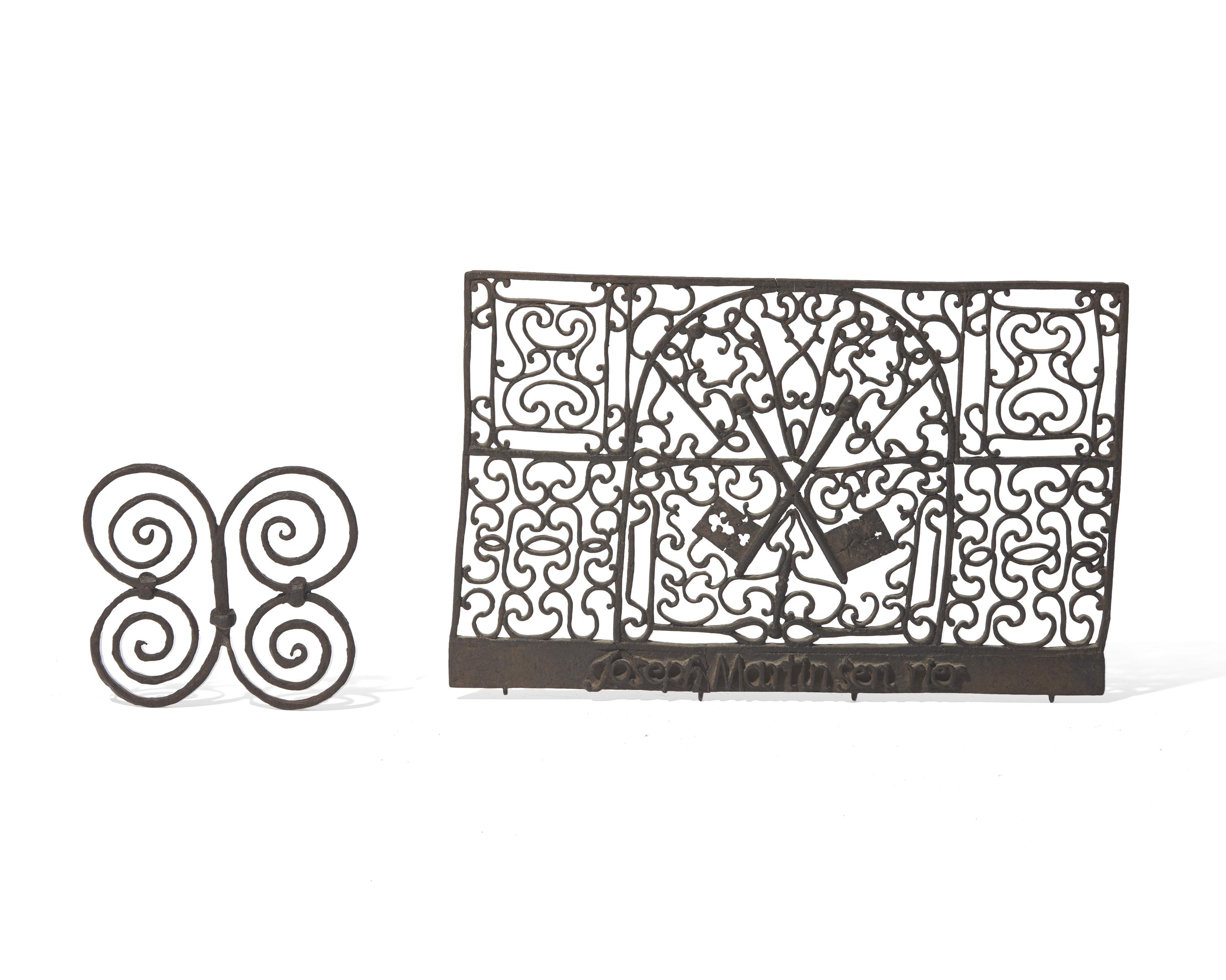 A Wrought Iron Door Grill and Scrolled Wrought Iron Architectural Element, French, 18th Century