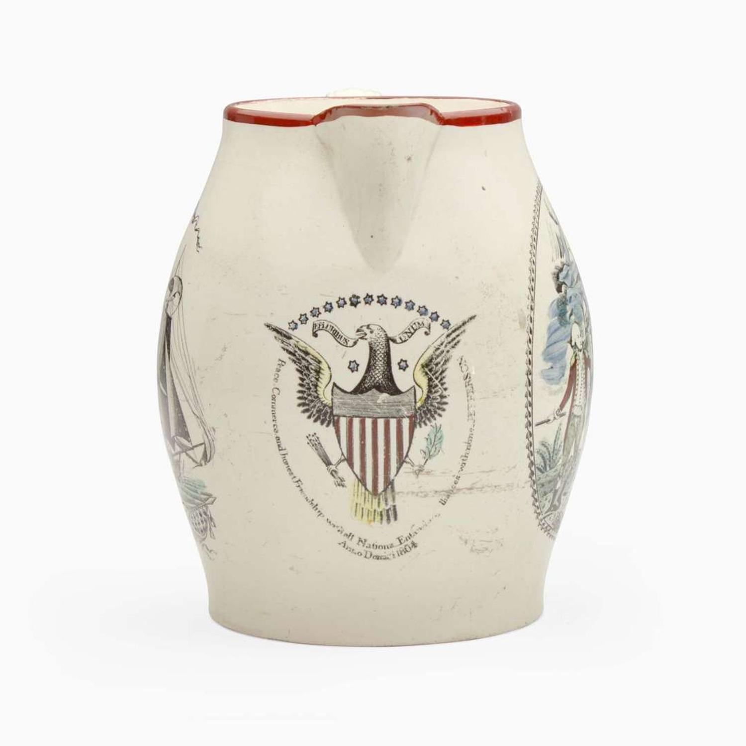 An enamel and transfer-decorated creamware jug Probably Liverpool, England, circa 1800