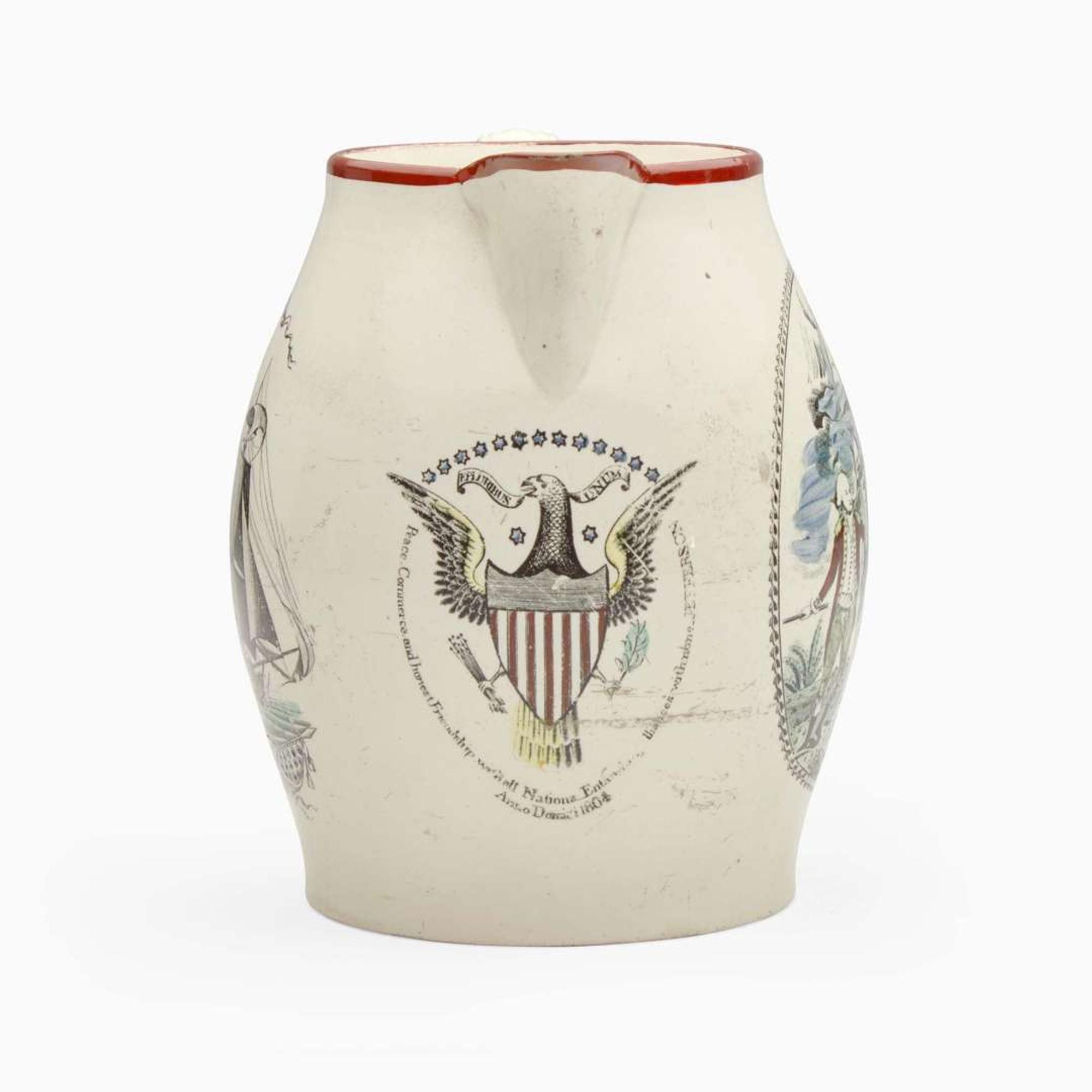 An enamel and transfer-decorated creamware jug Probably Liverpool, England, circa 1800