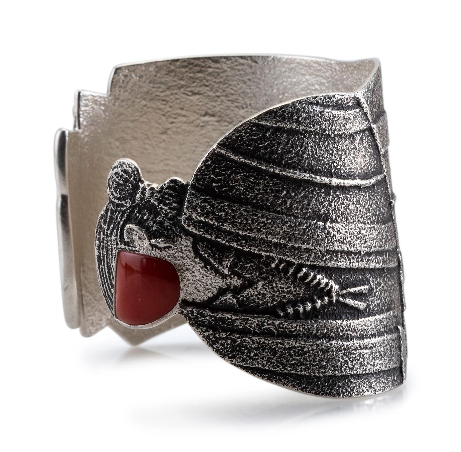 Tufa Cast Silver Figural Cuff Bracelet, with Coral Cabochon
