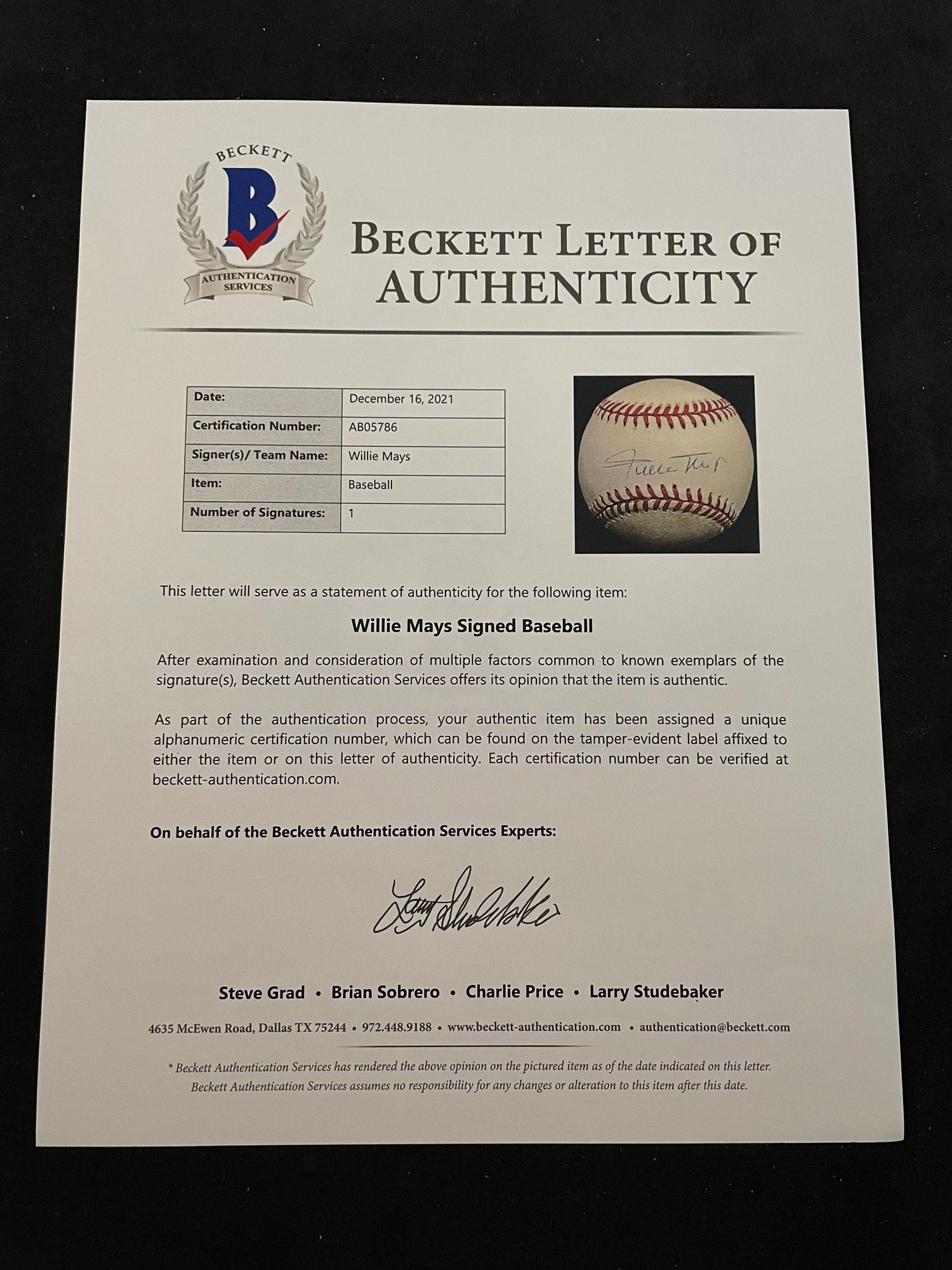 A Willie Mays Signed Autograph Baseball (Beckett Authentication Services Letter BAS Certified),