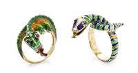 A Collection of Yellow Gold and Polychrome Enamel Reptile Rings, 12.20 dwts.