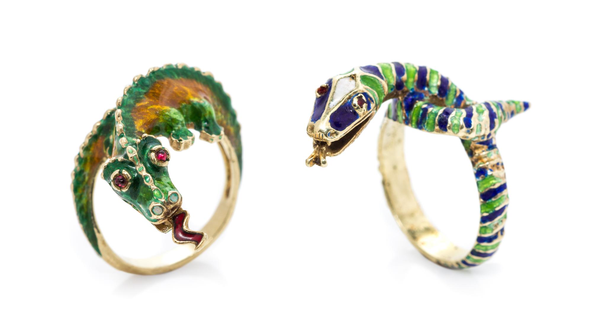 A Collection of Yellow Gold and Polychrome Enamel Reptile Rings, 12.20 dwts.