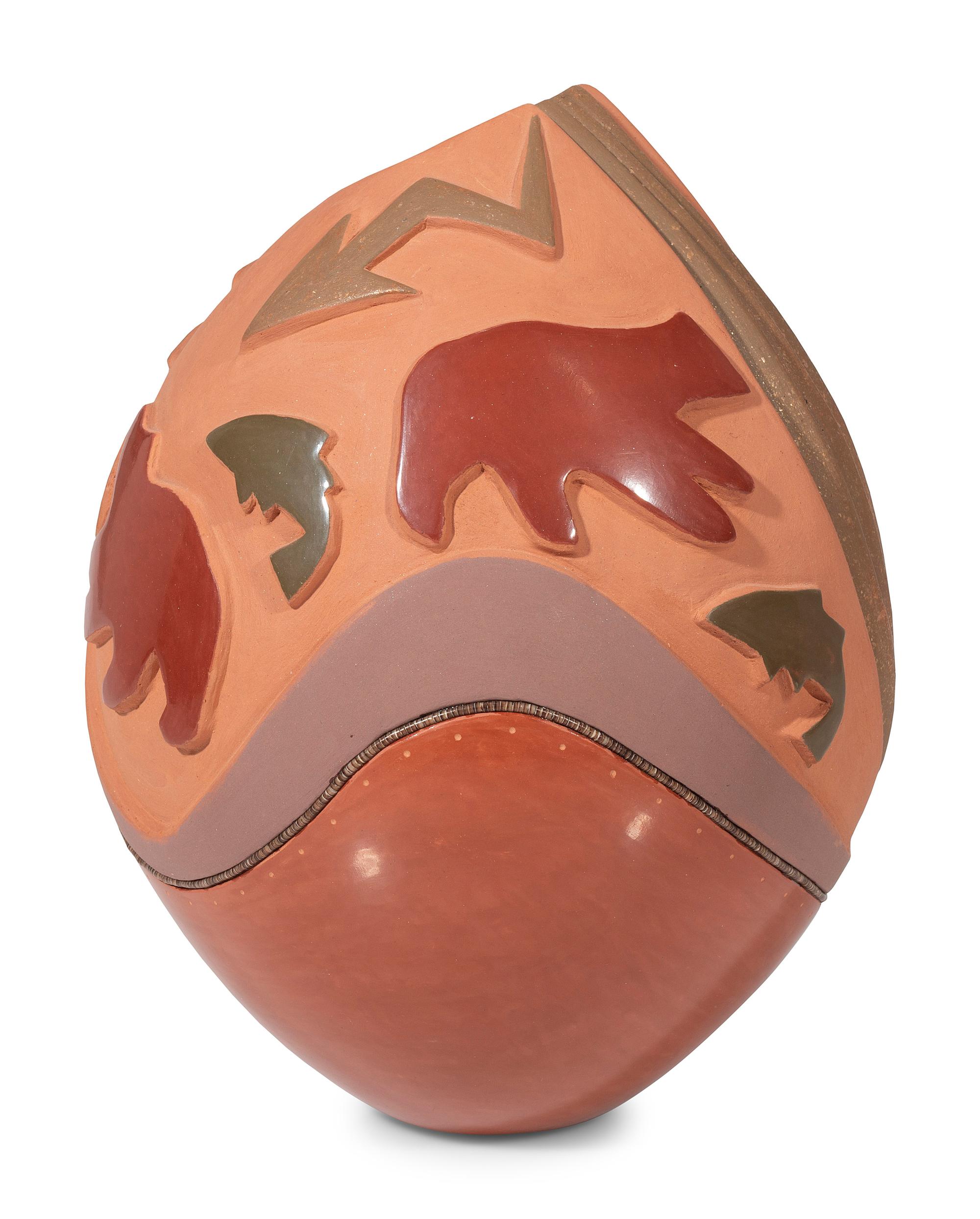 Red, Green, and Tan Pottery Vase