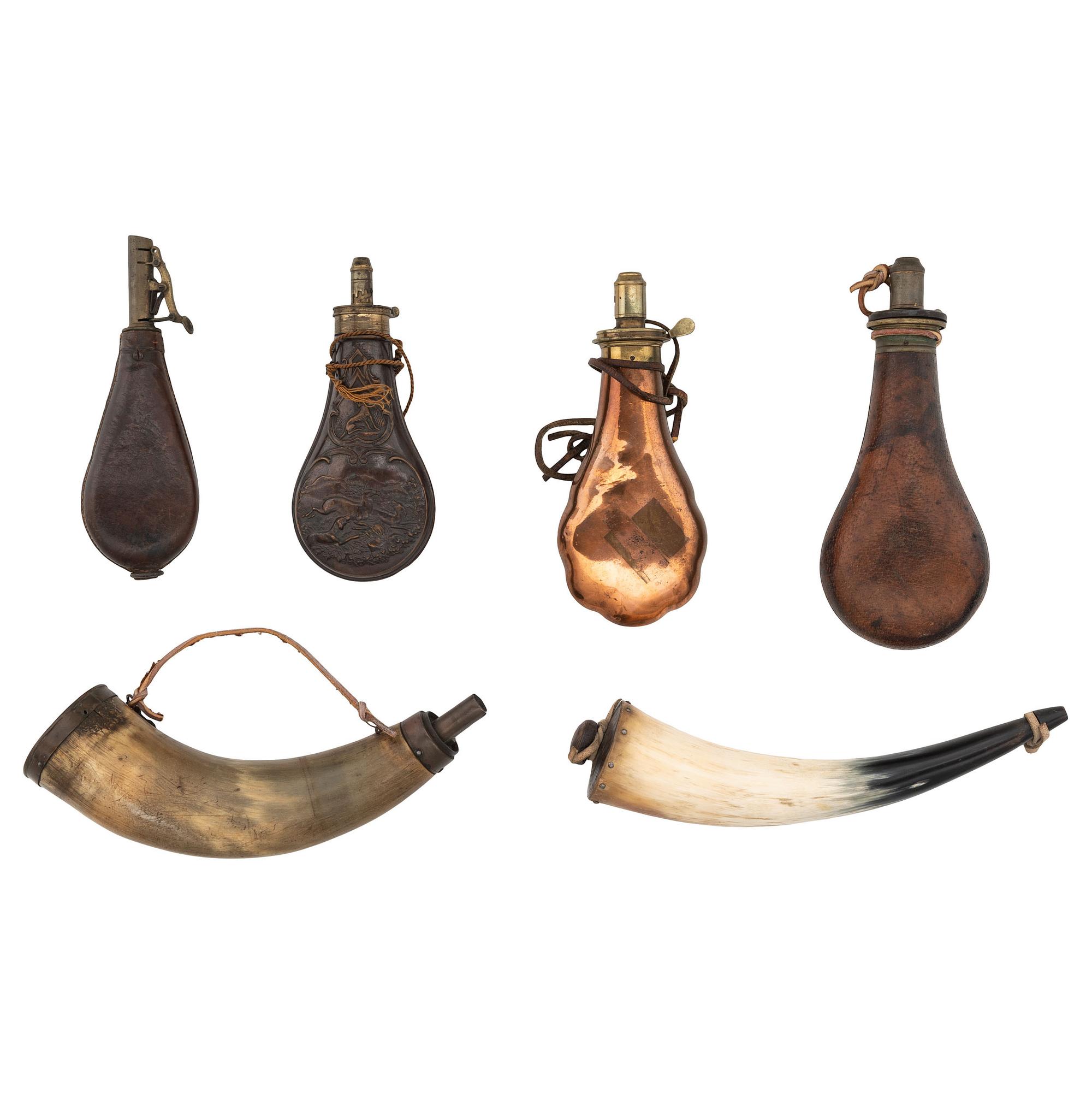 Lot of Six: Powder Flasks, Powder Horns, and a Shot Flask