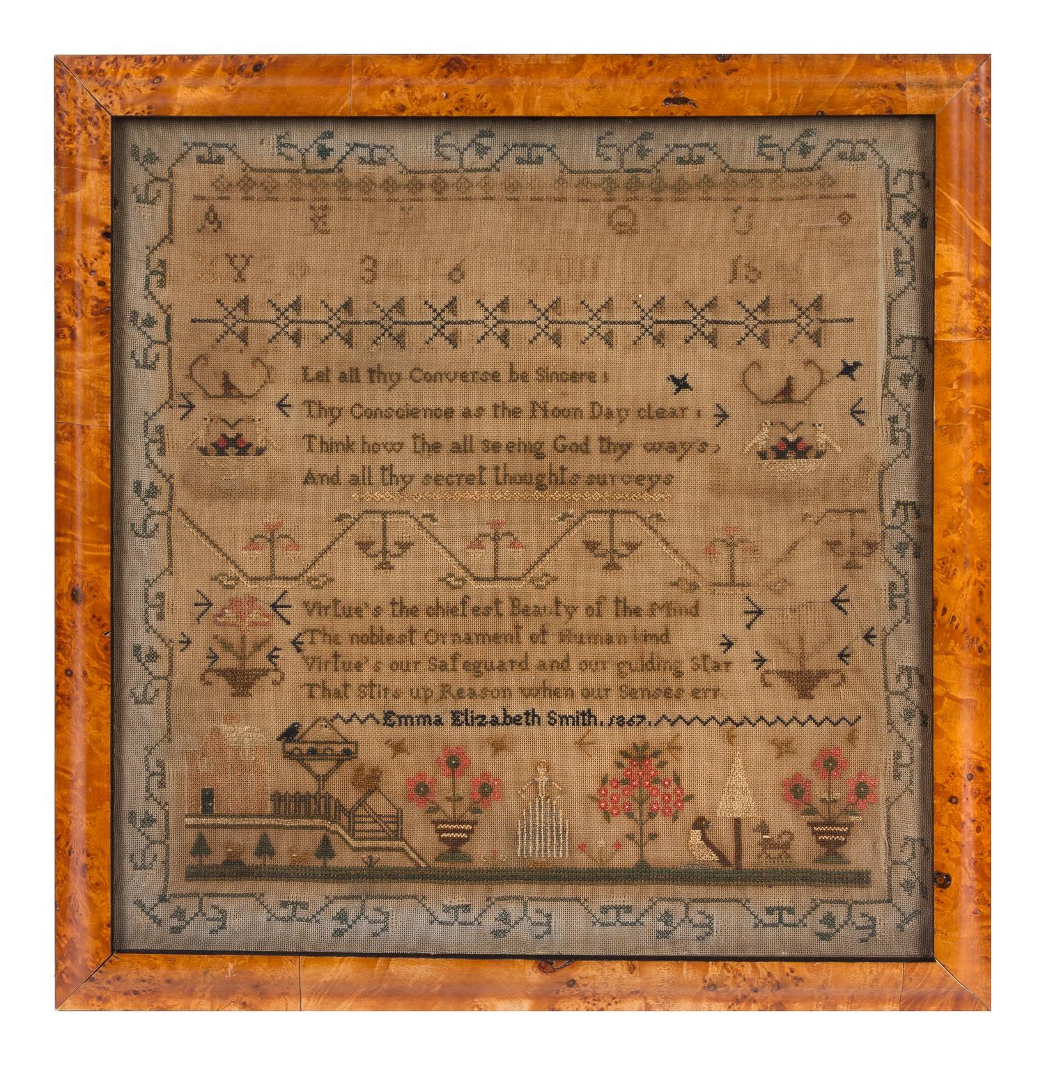 A Needlepoint Sampler Frame: 18 5/8 x 18 5/8 inches. — EMMA ELIZABETH SMITH, DATED 1867