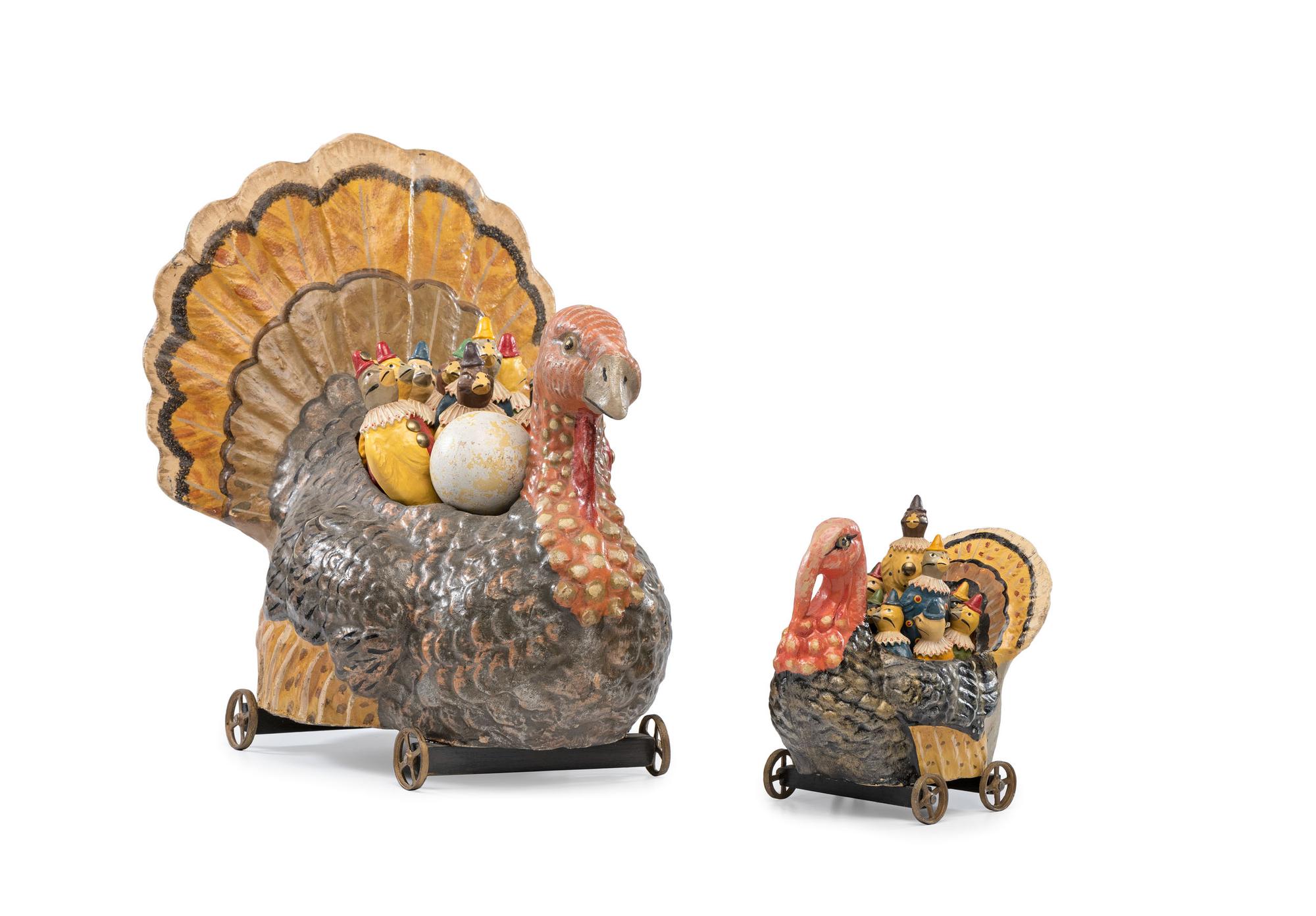 Two Turkey Form Pull Toys, Each With 9 Pin Game