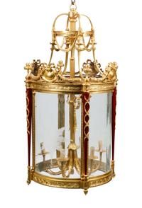 A Pair of Louis XVI Style Gilt Bronze and Mahogany Hall Lanterns