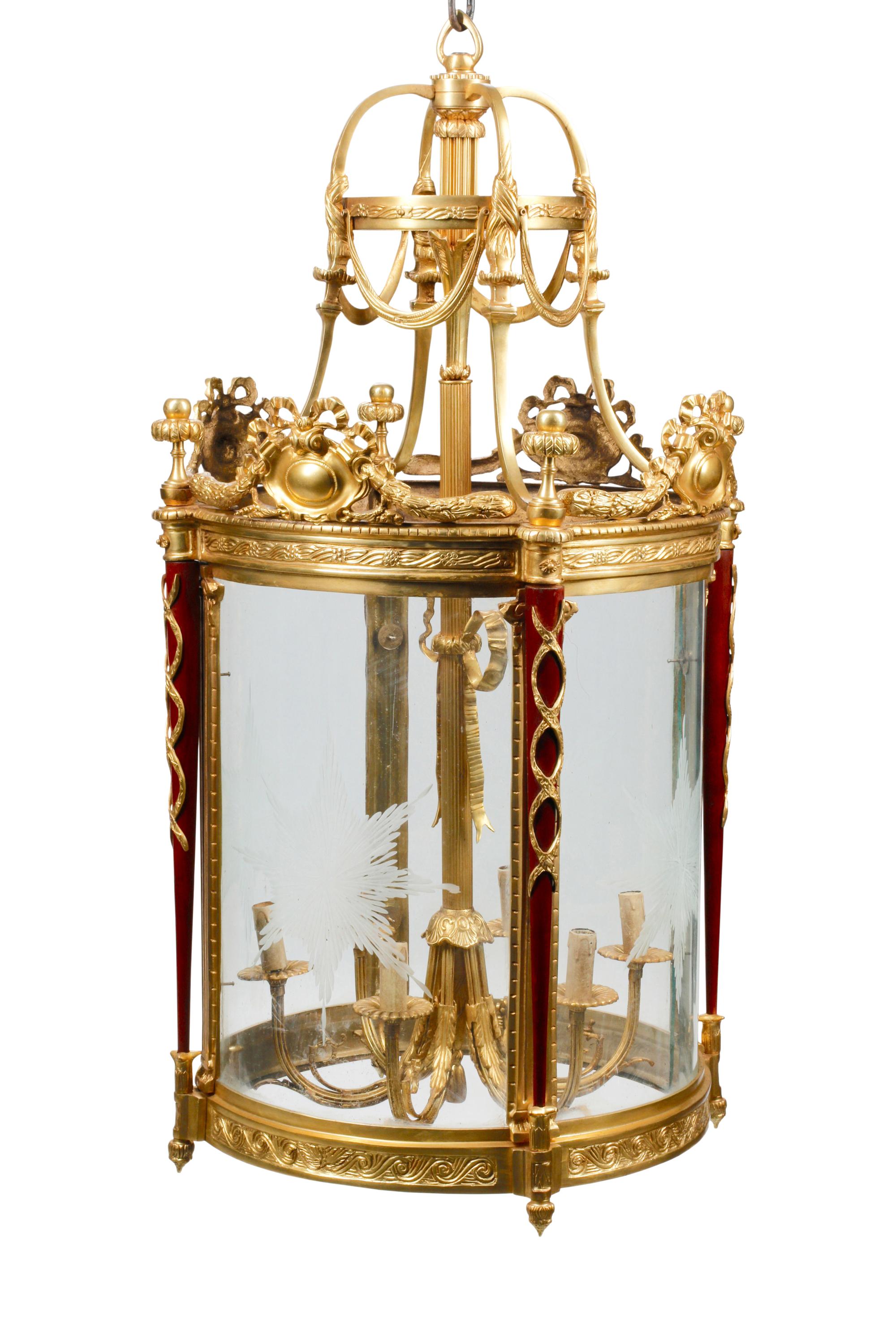 A Pair of Louis XVI Style Gilt Bronze and Mahogany Hall Lanterns