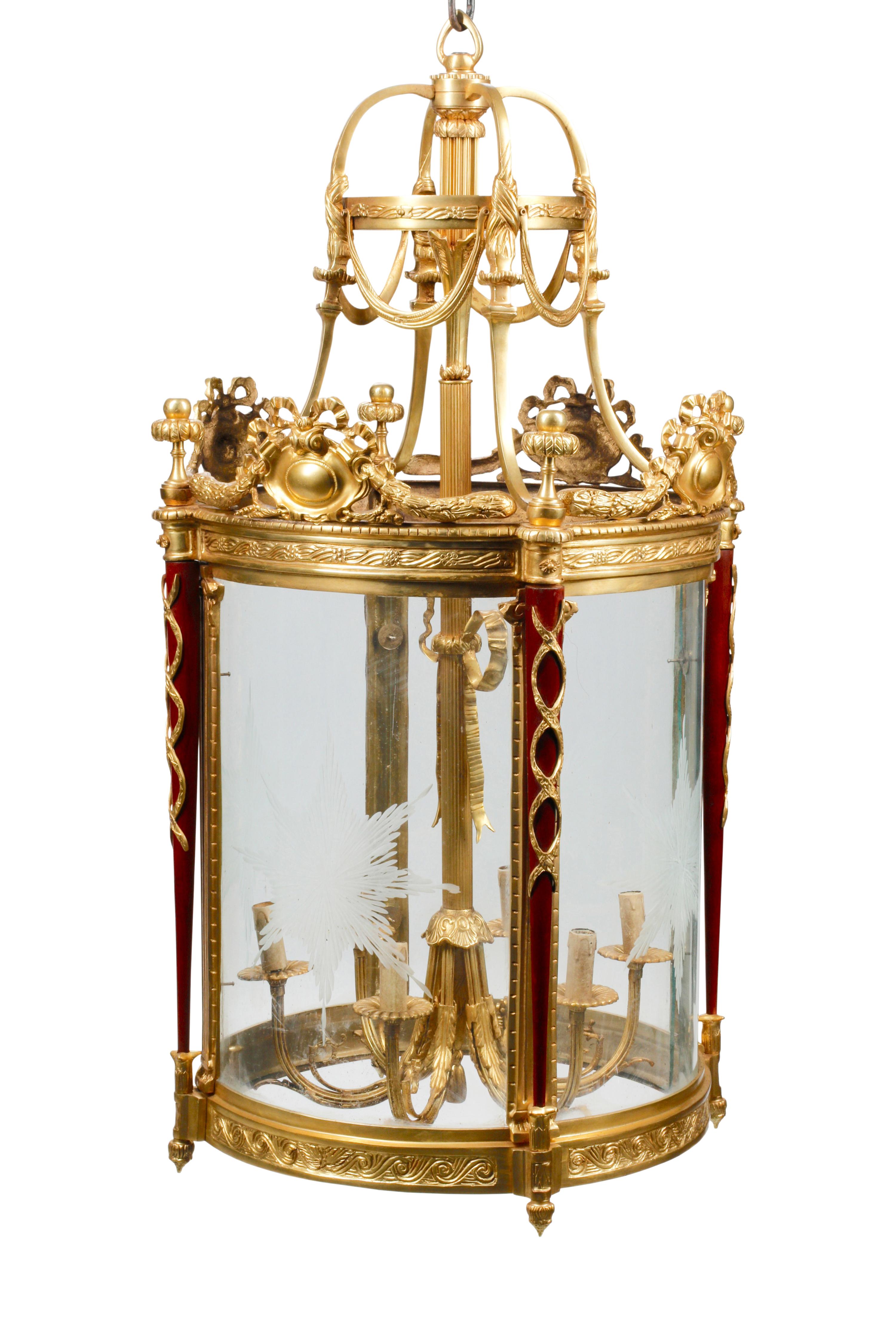 A Pair of Louis XVI Style Gilt Bronze and Mahogany Hall Lanterns