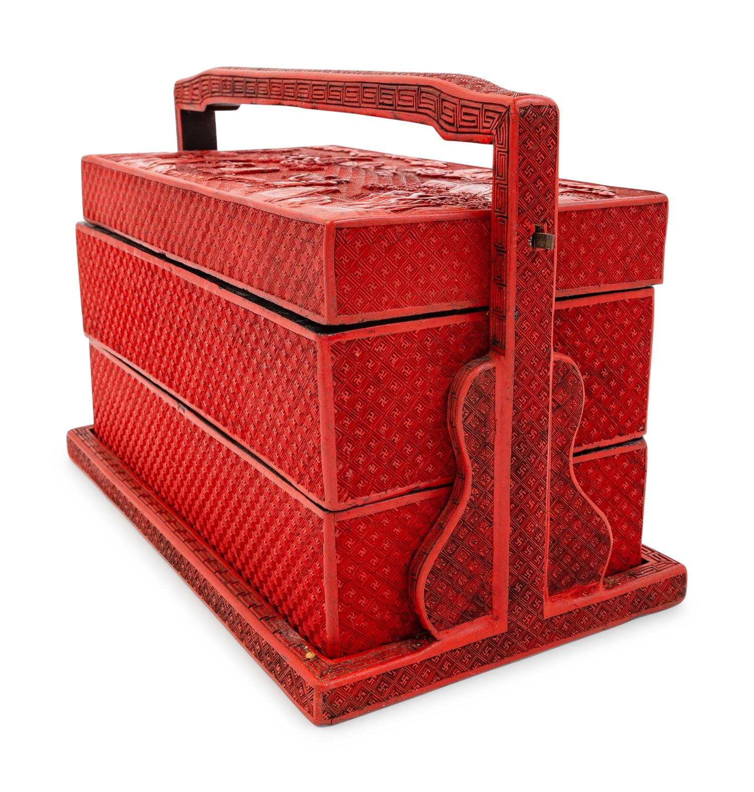 A Chinese Carved Red Lacquer Two-Tier Picnic Box