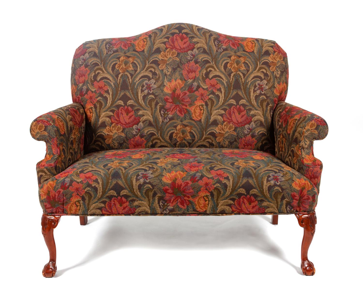 A Queen Anne Style Upholstered Settee Height 40 1/2 x width 52 x depth 28 inches.