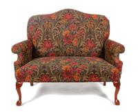A Queen Anne Style Upholstered Settee Height 40 1/2 x width 52 x depth 28 inches.