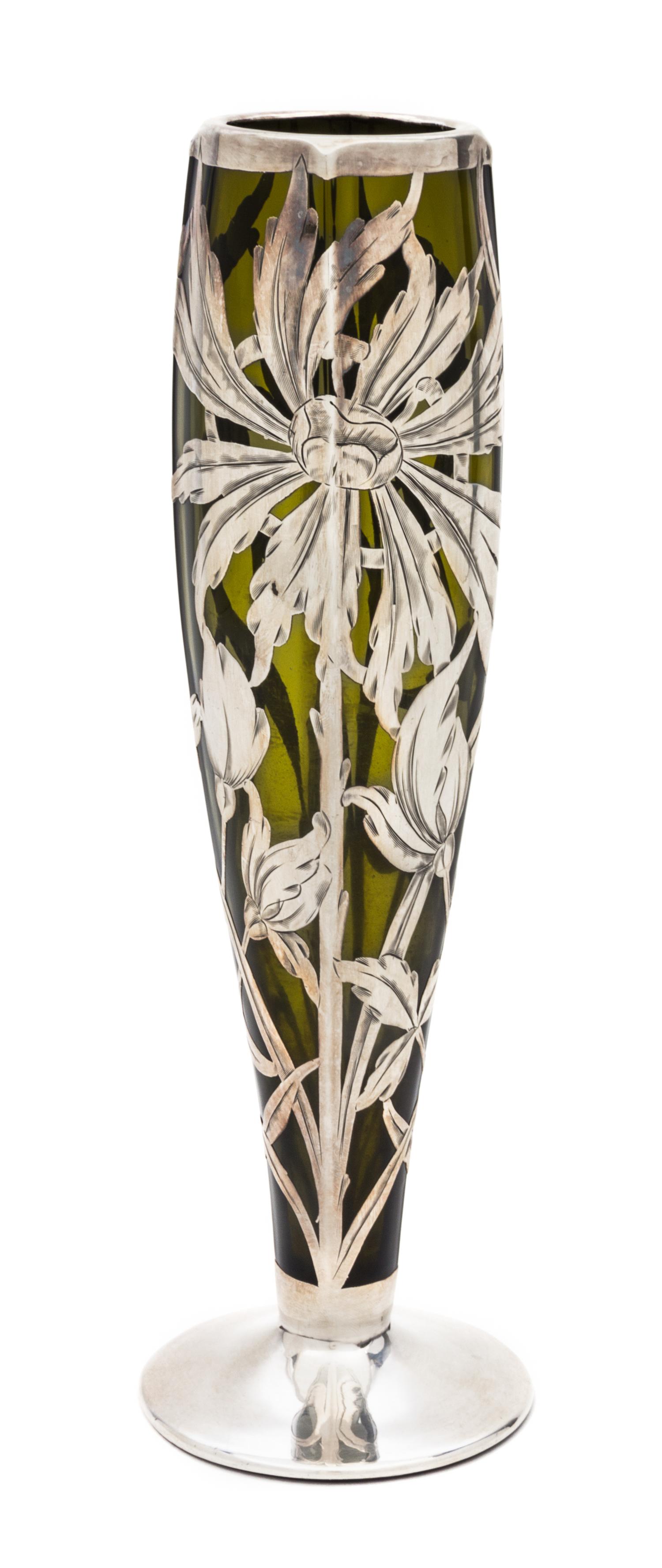 An Art Nouveau Silver Overlay Glass Vase Height 9 7/8 inches.