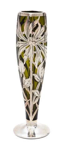 An Art Nouveau Silver Overlay Glass Vase Height 9 7/8 inches.