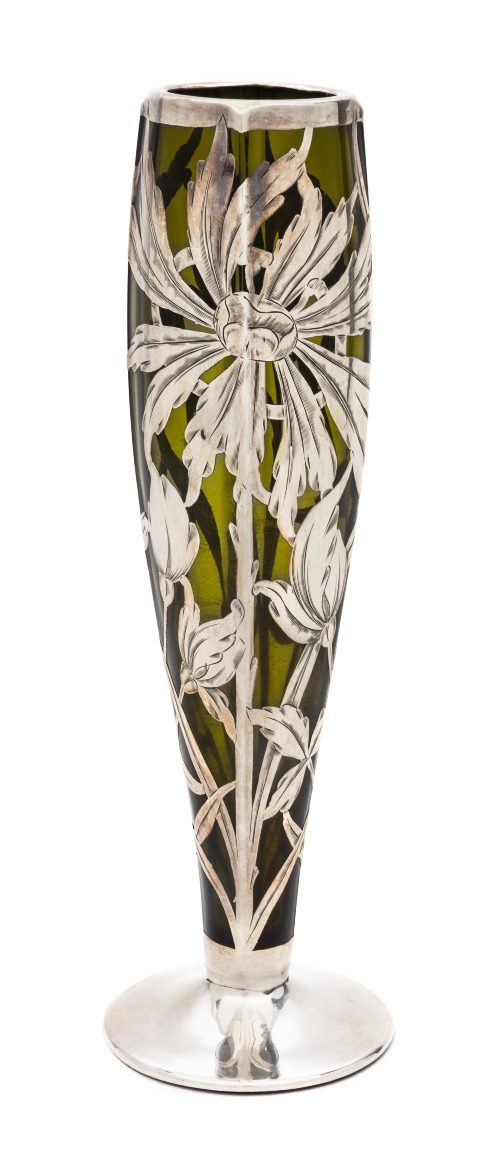 An Art Nouveau Silver Overlay Glass Vase Height 9 7/8 inches.