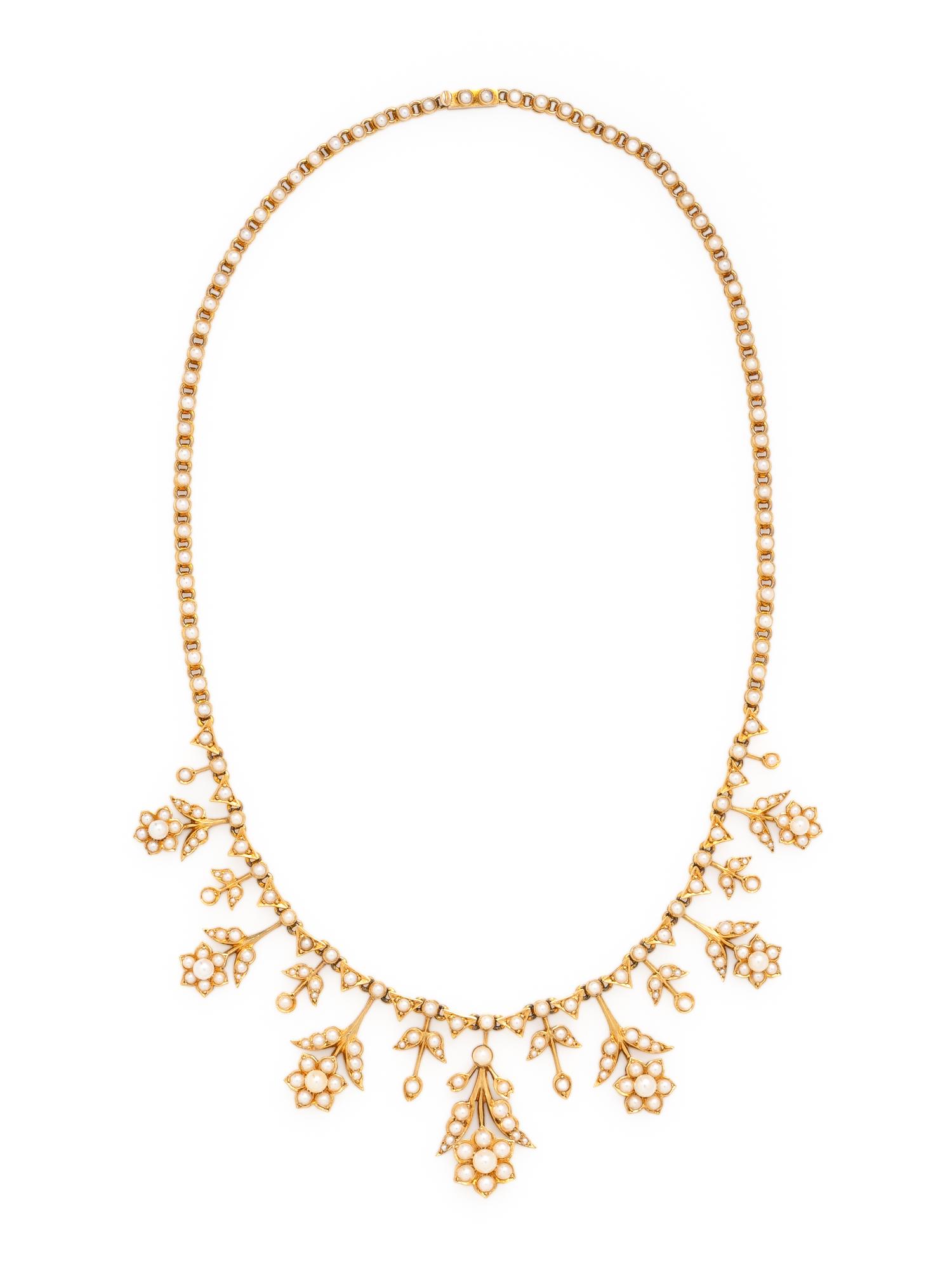 ANTIQUE, YELLOW GOLD AND SEED PEARL FLOWER NECKLACE