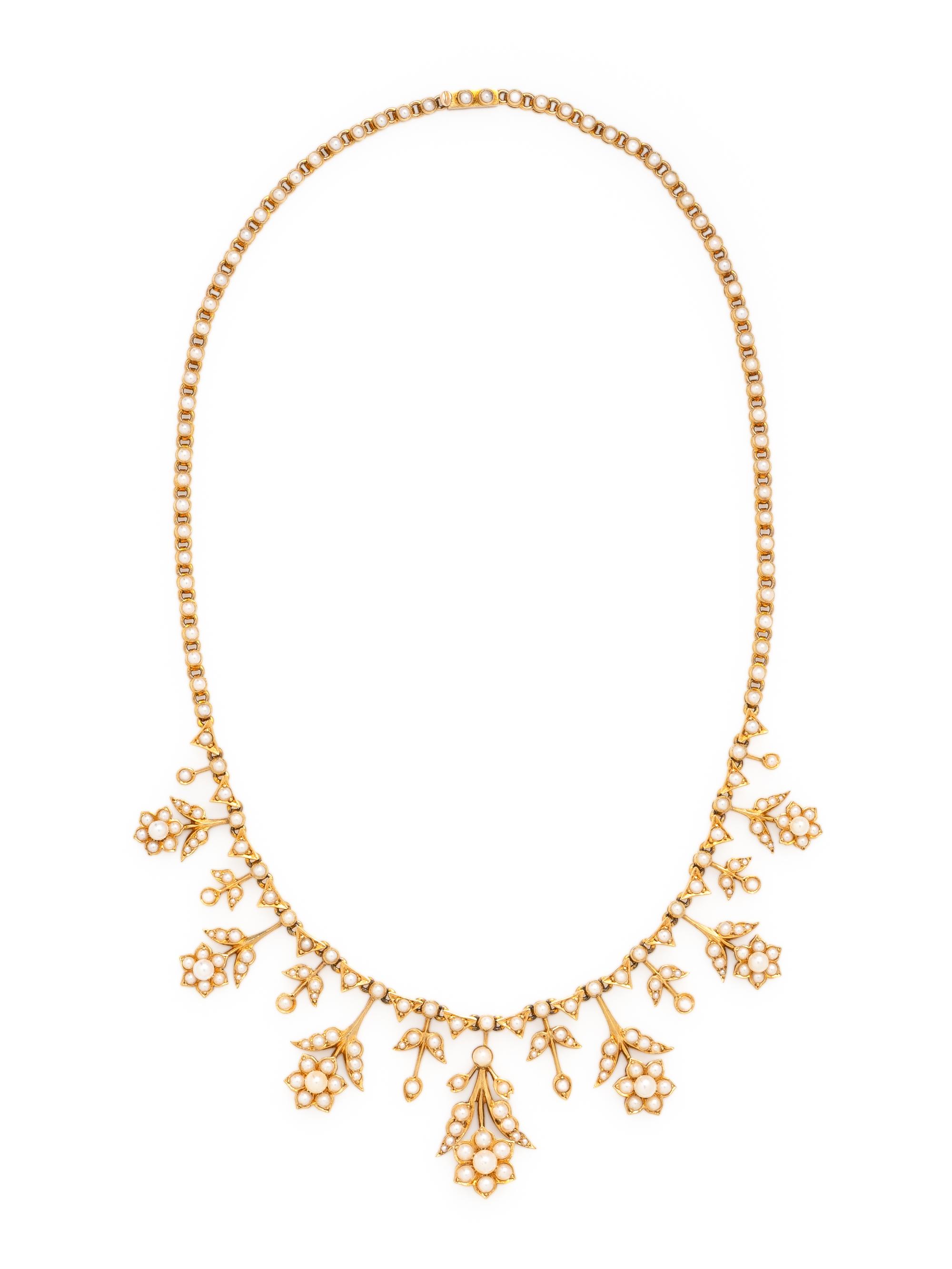 ANTIQUE, YELLOW GOLD AND SEED PEARL FLOWER NECKLACE
