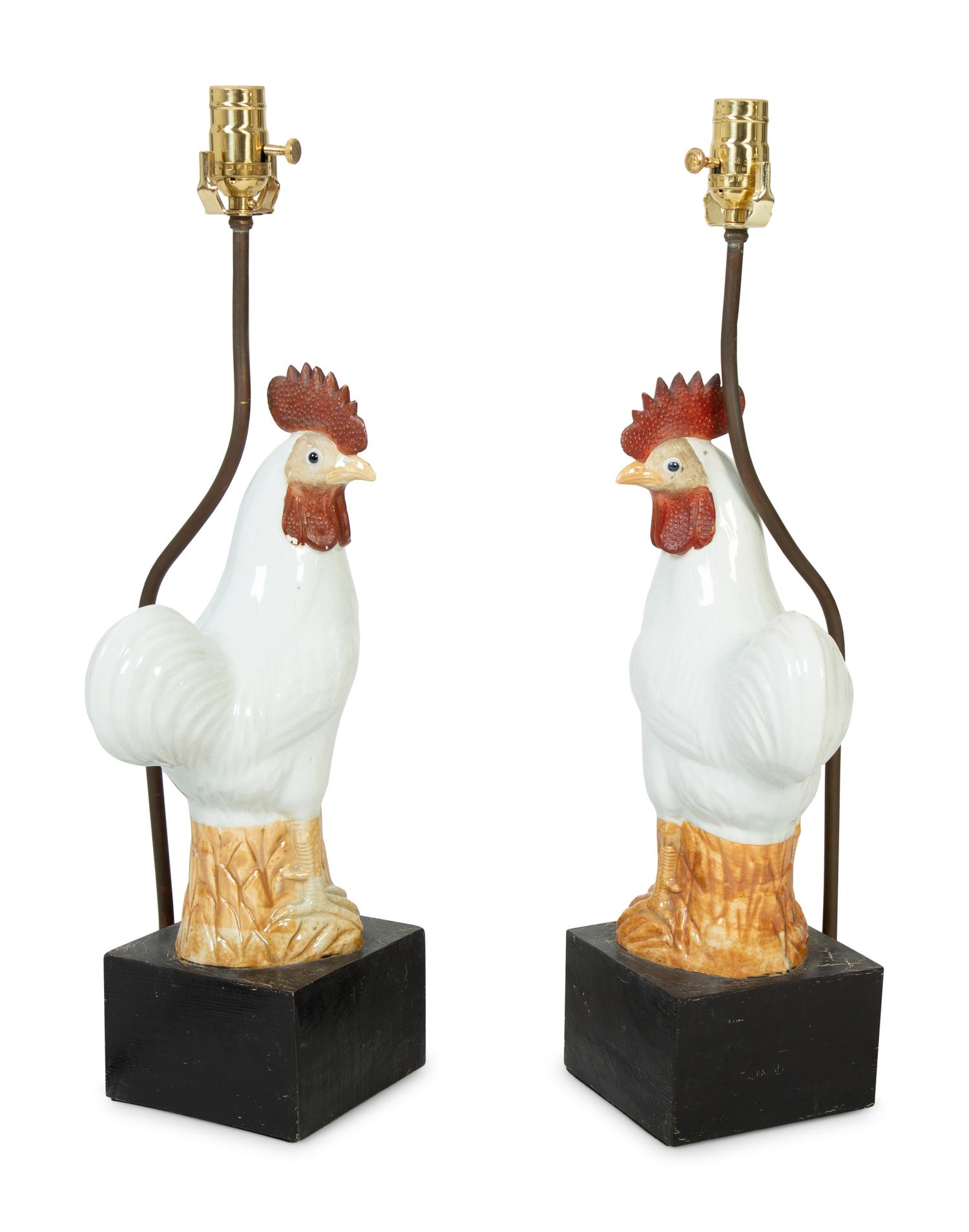 A Pair of Chinese Export Porcelain Roosters Mounted as Lamps