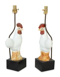 A Pair of Chinese Export Porcelain Roosters Mounted as Lamps