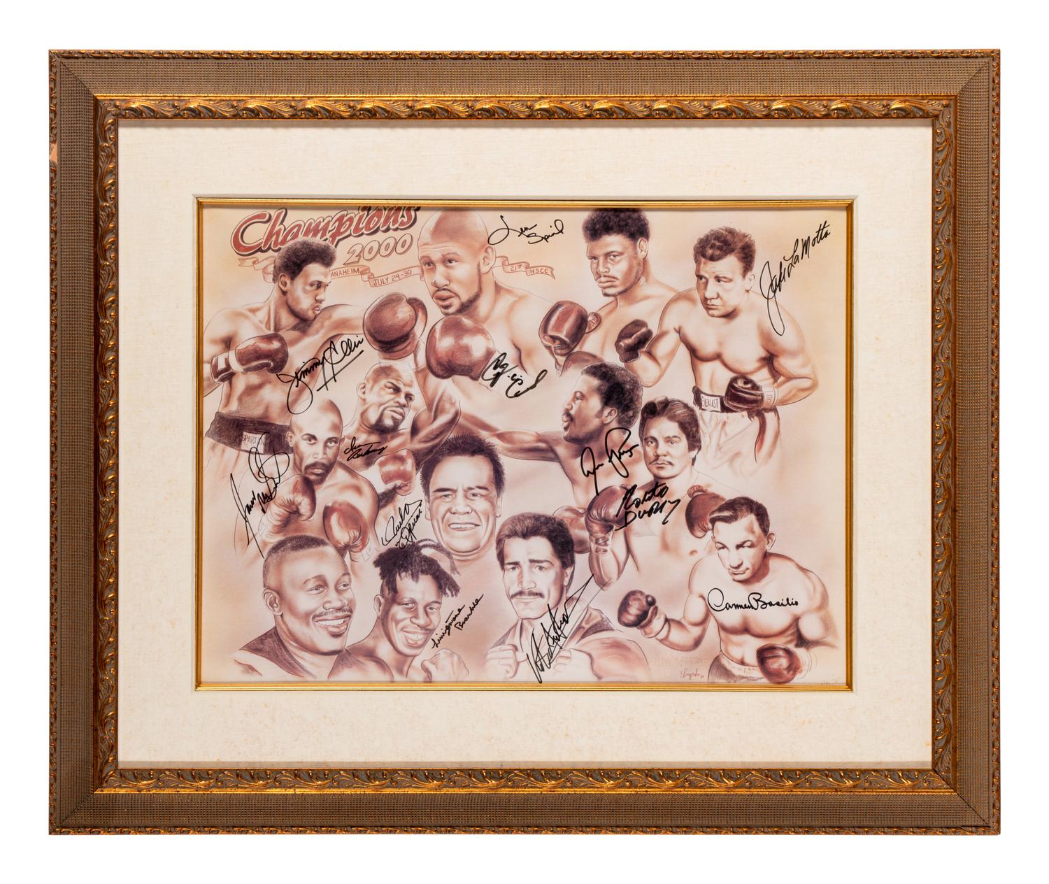 A Boxing Champions Signed Autograph Print Including Roberto Duran, Jake LaMotta and Diego "Chico" Corrales,