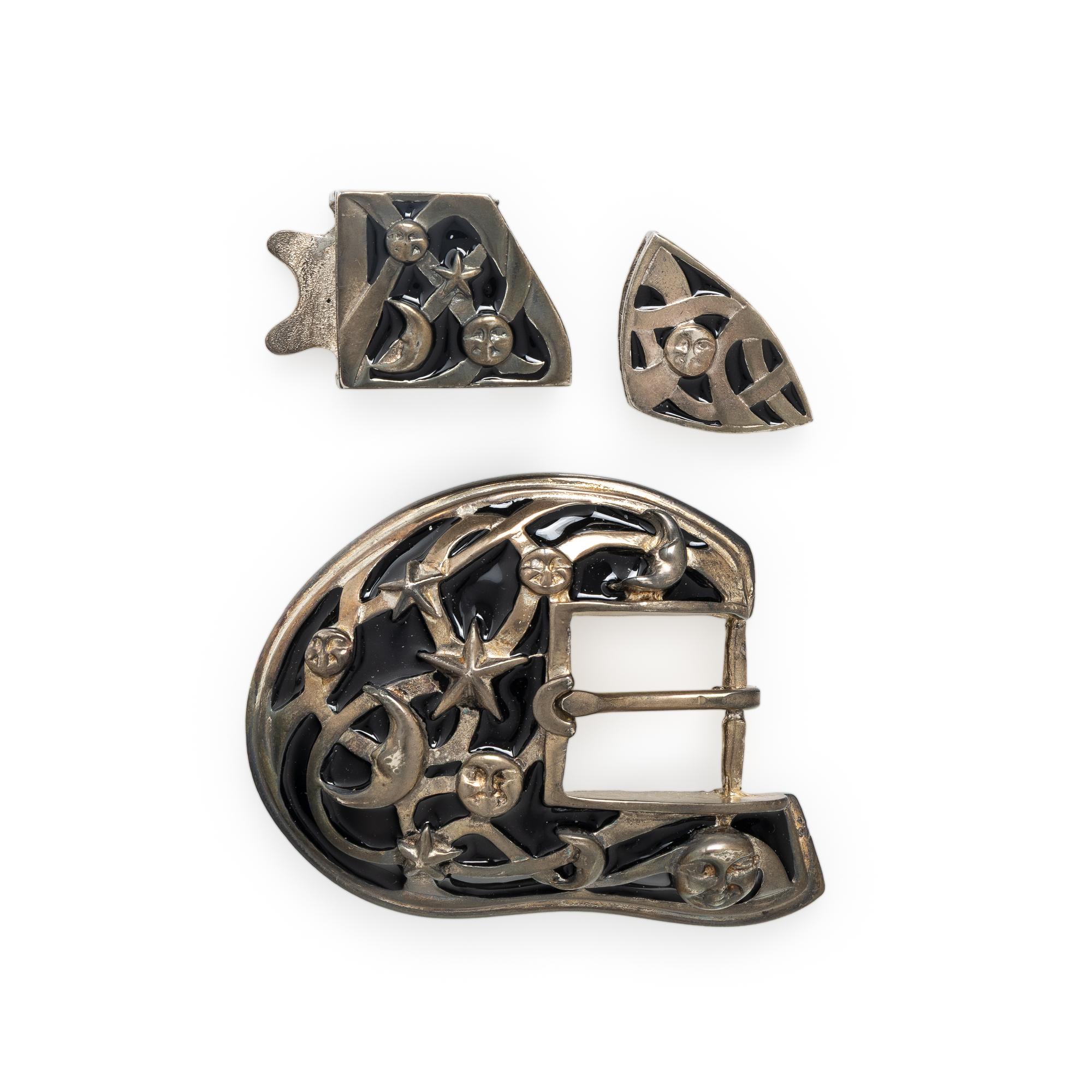 Kieselstein Cord, Sterling Silver and Enamel 'Moon and Stars' Belt Buckle, Keeper, and End Piece