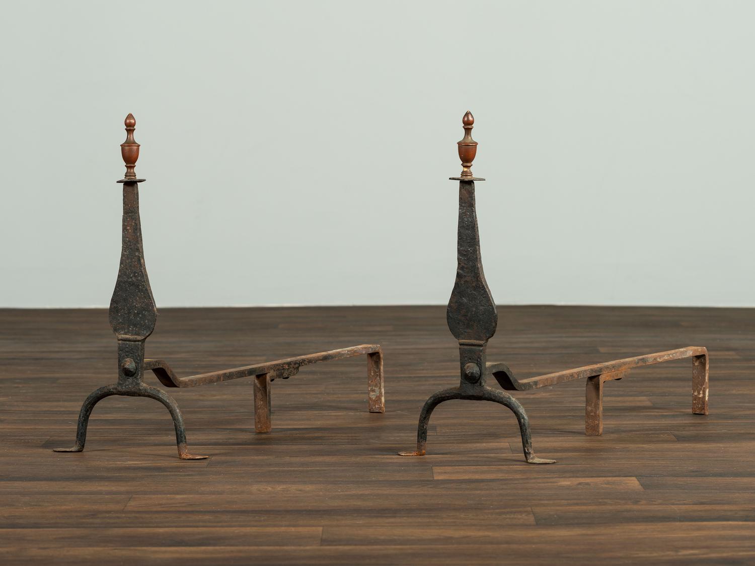 A Pair of Federal Brass and Wrought-Iron Knifeblade Andirons