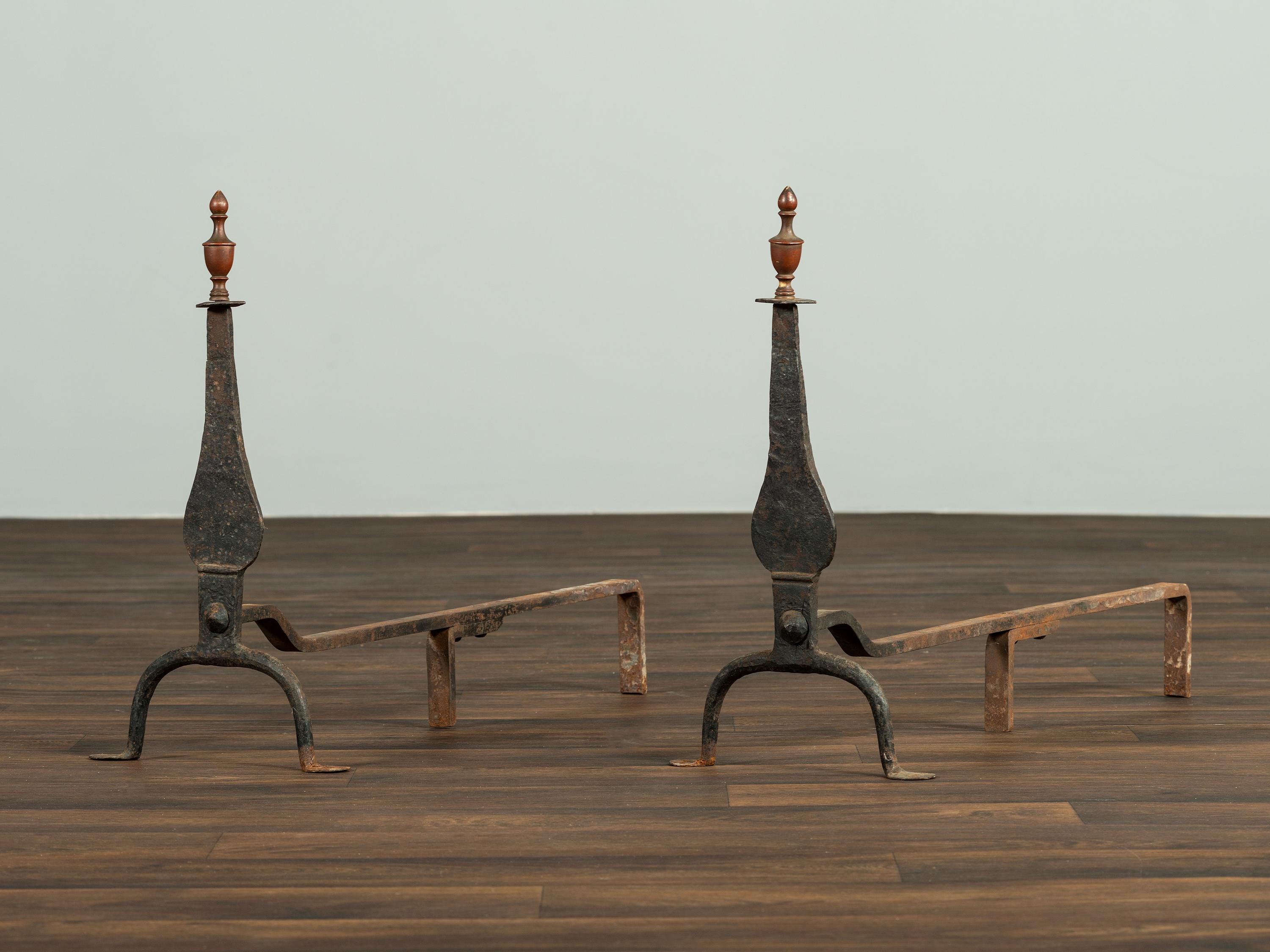 A Pair of Federal Brass and Wrought-Iron Knifeblade Andirons