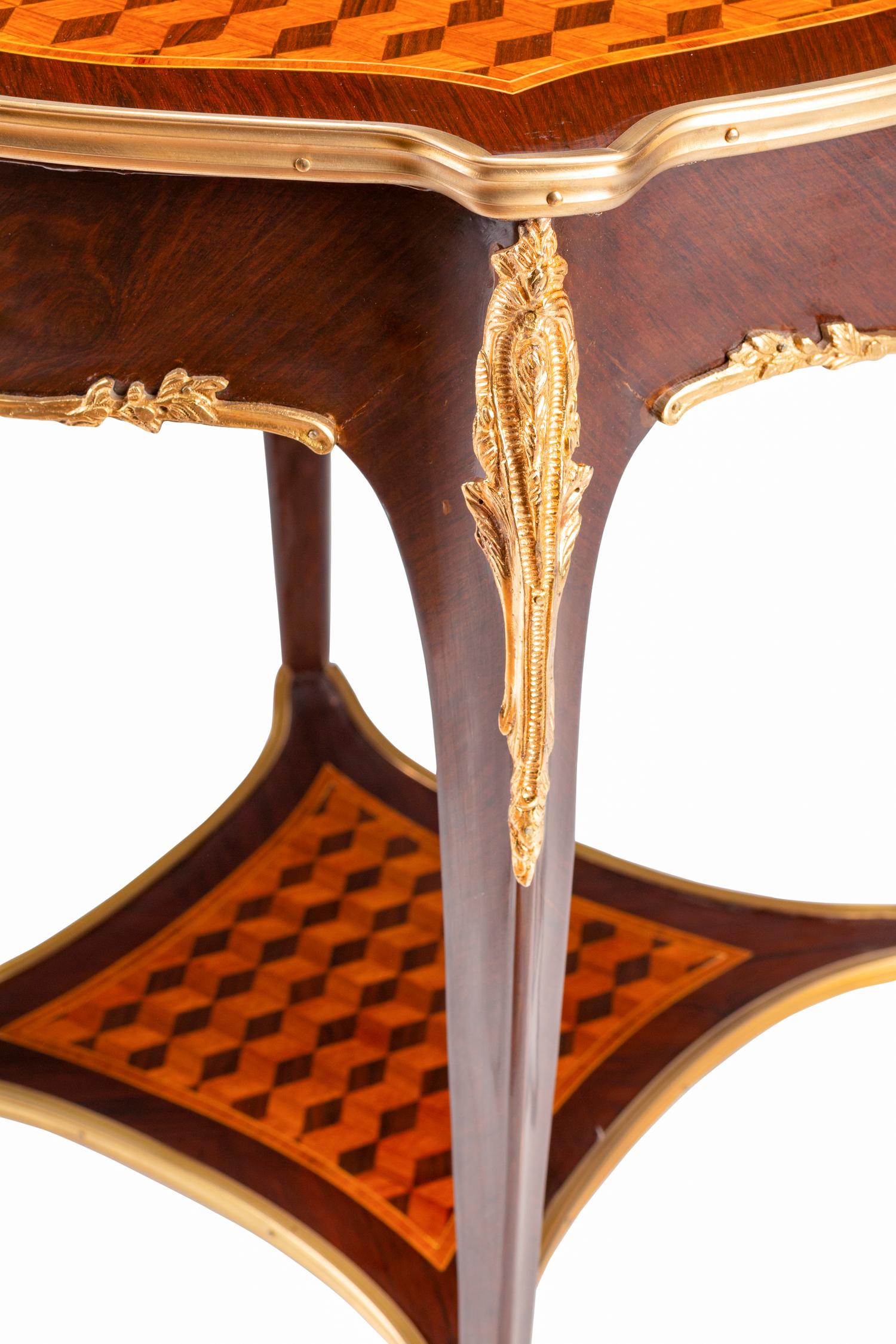 A Pair of Louis XV Style Gilt Bronze Mounted Parquetry Guéridons